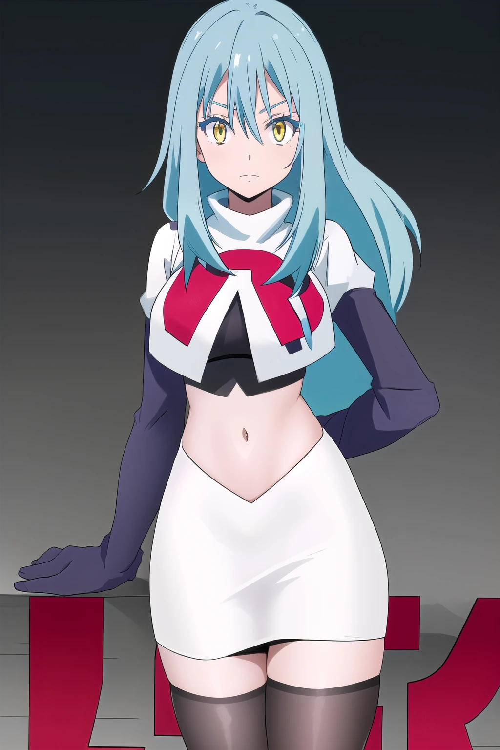 1 girl, alone ,hair covers one eye, hair ornaments ,earrings ,team rocket,team rocket uniform,white skirt,red letter R,crop top,black thigh-highs,black elbow gloves