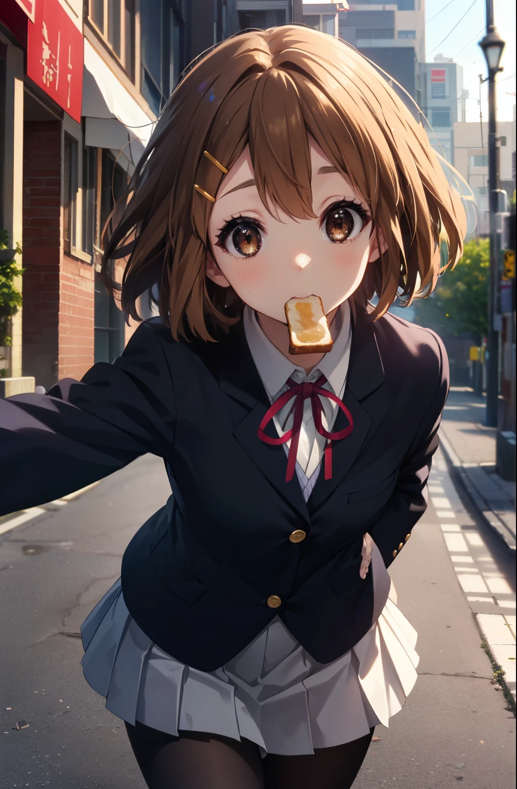 yuihirasawa, yui hirasawa, short hair, brown hair, hair ornaments, (brown eyes:1.5), hair clip,
break sakuragaoka high school uniform, school uniform, uniform, blazer, shirt, white shirt, collared shirt, skirt, pleated skirt,black pantyhose,brown loafers,toast in your mouth, running, city street,morning,morning日,The sun is rising,
break outdoors, residential street,
break looking at viewer, (cowboy shot:1.5),
break (masterpiece:1.2), highest quality, High resolution, unity 8k wallpaper, (figure:0.8), (detailed and beautiful eyes:1.6), highly detailed face, perfect lighting, Very detailed CG, (perfect hands, perfect anatomy),