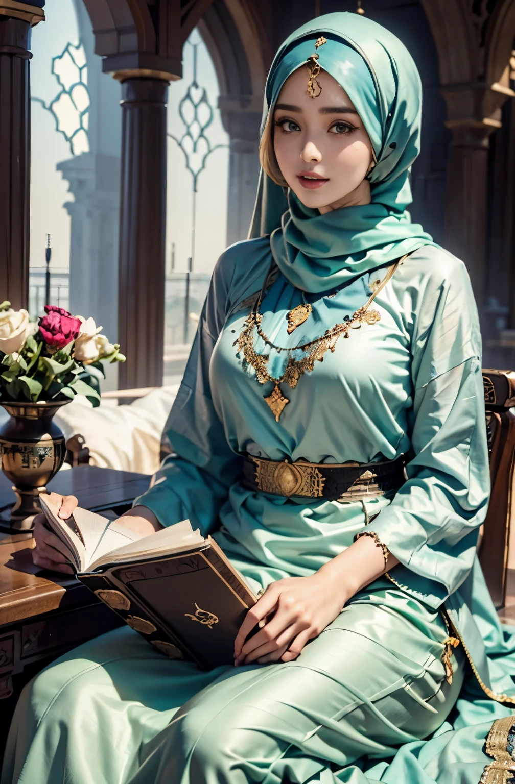 Islamic caftan dress outfit princess hyper realistic super detailed Dynamic, beautiful face, masterstroke, with hijab, siting on the room reading a holy book