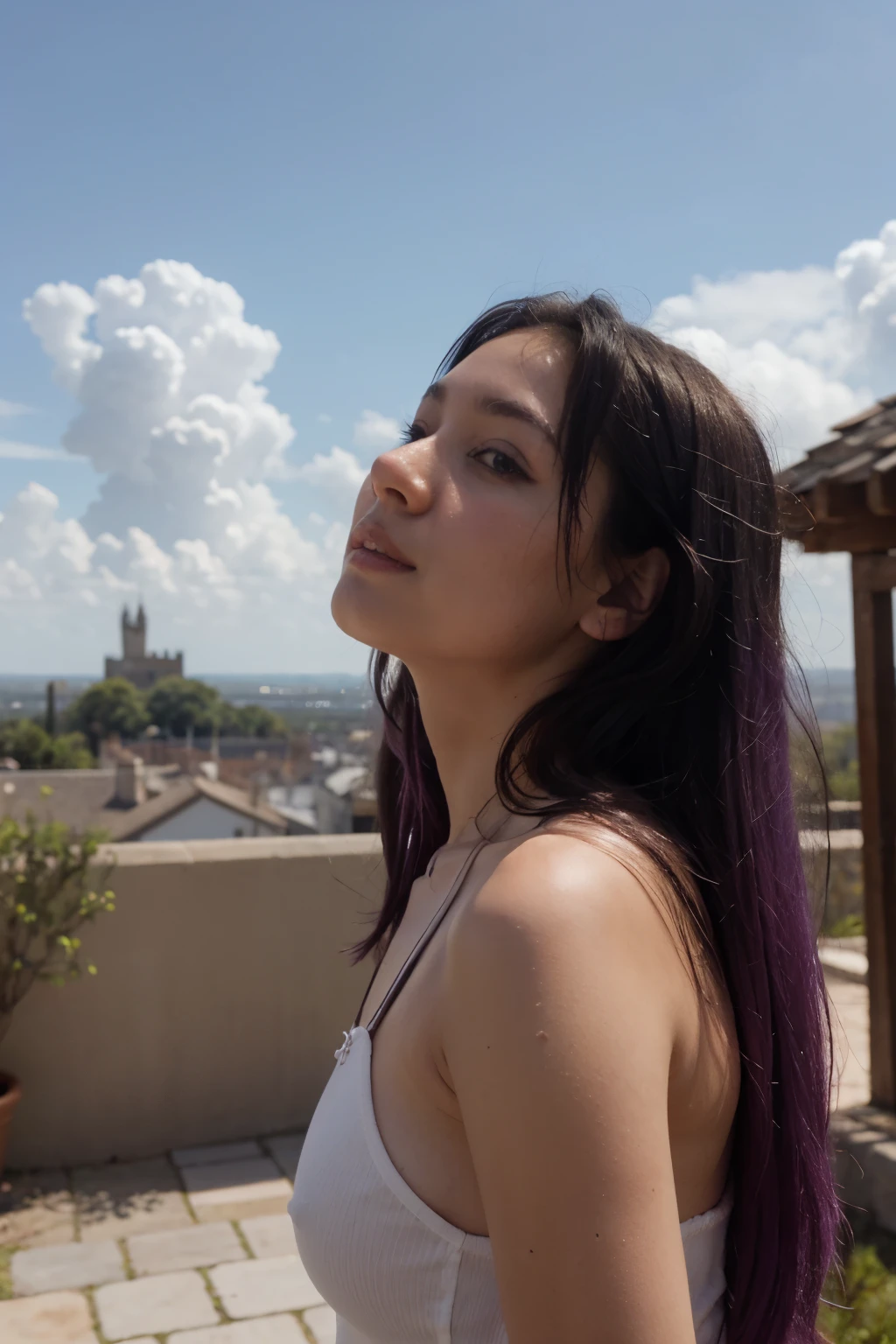 Draw a woman of approximately 24 years old, with black hair and purple tips of brown eyes , large build and short stature , que este sentada mirando al cielo y que el fondo se vean nubes moradas, un castillo y la palabra "repolludita"