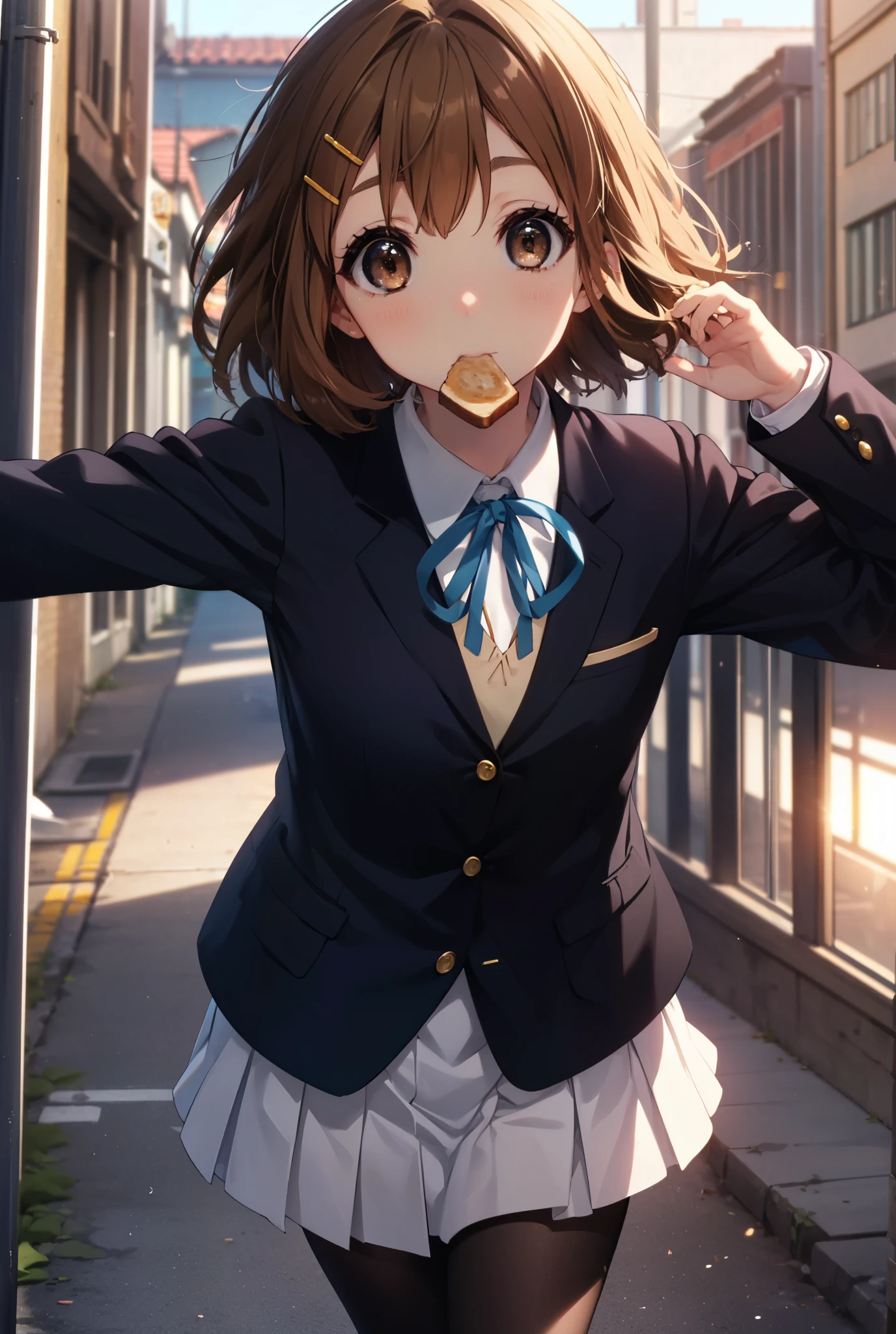 yuihirasawa, yui hirasawa, short hair, brown hair, hair ornaments, (brown eyes:1.5), hair clip,
break sakuragaoka high school uniform, school uniform, uniform, blazer, shirt, white shirt, collared shirt, skirt, pleated skirt,black pantyhose,brown loafers,toast in your mouth, running, city street,morning,morning日,The sun is rising,
break outdoors, residential street,
break looking at viewer, (cowboy shot:1.5),
break (masterpiece:1.2), highest quality, High resolution, unity 8k wallpaper, (figure:0.8), (detailed and beautiful eyes:1.6), highly detailed face, perfect lighting, Very detailed CG, (perfect hands, perfect anatomy),