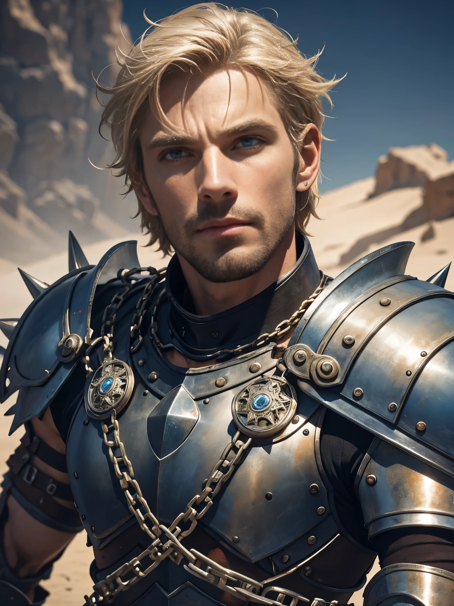 1 muscular male, 30yo, short blonde hair, blue eyes, muscular, wearing leather armor, metal gauntlets, chains, spikes, holding sword, ultra high resolution, detailed face, desert background, dust, wind, blowing dust, dynamic lighting, lights, volumetric light, realistic, intricate details, everything in razor sharp focus, male focus, solo, Photograph, masterwork, 12K, ultra-defined, intricate details, absurdres, hyper-detailed, dark fantasy 
