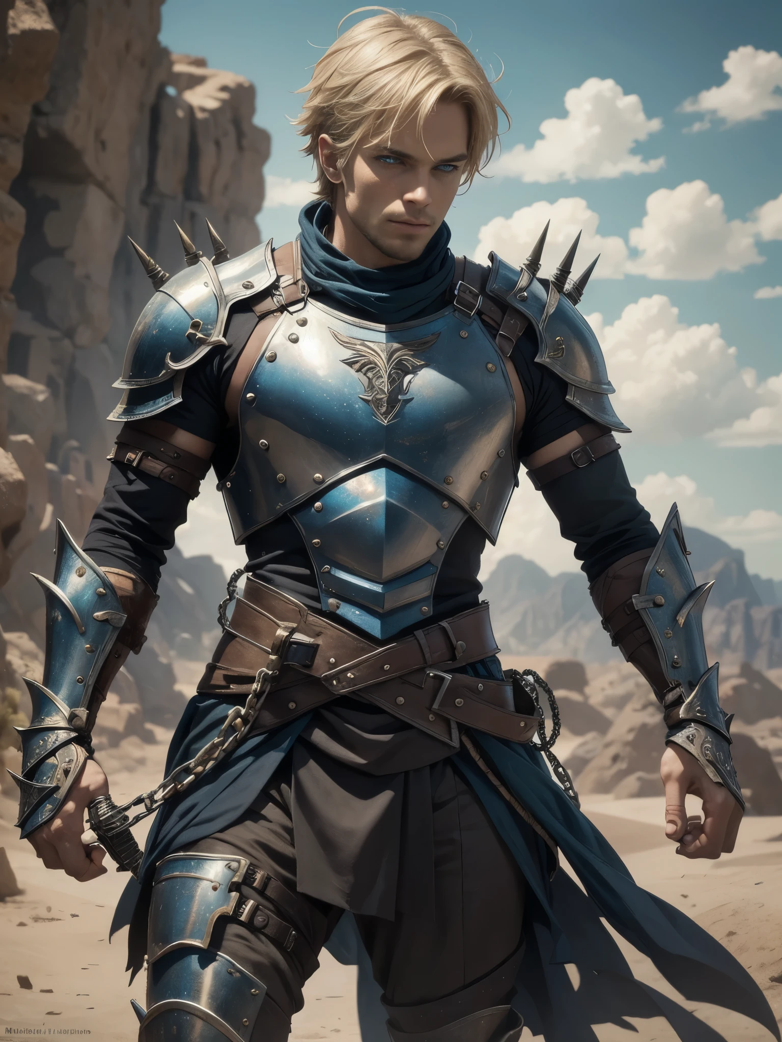 1 muscular male, 30yo, short blonde hair, blue eyes, muscular, wearing leather armor, metal gauntlets, chains, spikes, holding sword, ultra high resolution, detailed face, desert background, dust, wind, blowing dust, dynamic lighting, lights, volumetric light, realistic, intricate details, everything in razor sharp focus, male focus, solo, Photograph, masterwork, 12K, ultra-defined, intricate details, absurdres, hyper-detailed, dark fantasy 
