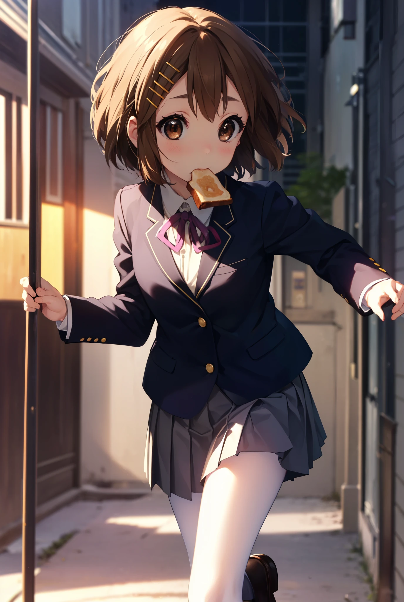 yuihirasawa, yui hirasawa, short hair, brown hair, hair ornaments, (brown eyes:1.5), hair clip,
break sakuragaoka high school uniform, school uniform, uniform, blazer, shirt, white shirt, collared shirt, skirt, pleated skirt,black pantyhose,brown loafers,toast in your mouth, running, city street,morning,morning日,The sun is rising,
break outdoors, residential street,
break looking at viewer, (cowboy shot:1.5),
break (masterpiece:1.2), highest quality, High resolution, unity 8k wallpaper, (figure:0.8), (detailed and beautiful eyes:1.6), highly detailed face, perfect lighting, Very detailed CG, (perfect hands, perfect anatomy),