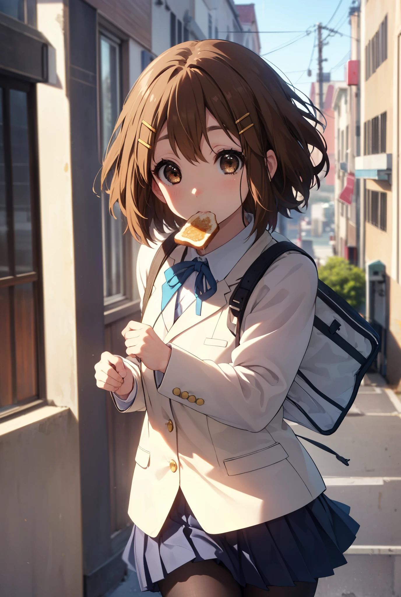 yuihirasawa, Yui Hirasawa, short hair, Brown Hair, hair ornaments, (Brown eyes:1.5), Hair Clip,
break sakuragaoka high , , uniform, blazer, shirt, white shirt, collared shirt, skirt, pleated skirt,Black Pantyhose,Brown Loafers,Toast in the mouth, running, City Street,morning,Morning Day,The sun is rising,
break outdoors, Residential Street,
break looking at viewer, (Cowboy Shot:1.5),
break (masterpiece:1.2), highest quality, High resolution, unity 8k wallpaper, (shape:0.8), (Fine and beautiful eyes:1.6), Highly detailed face, Perfect lighting, Highly detailed CG, (Perfect hands, Perfect Anatomy),