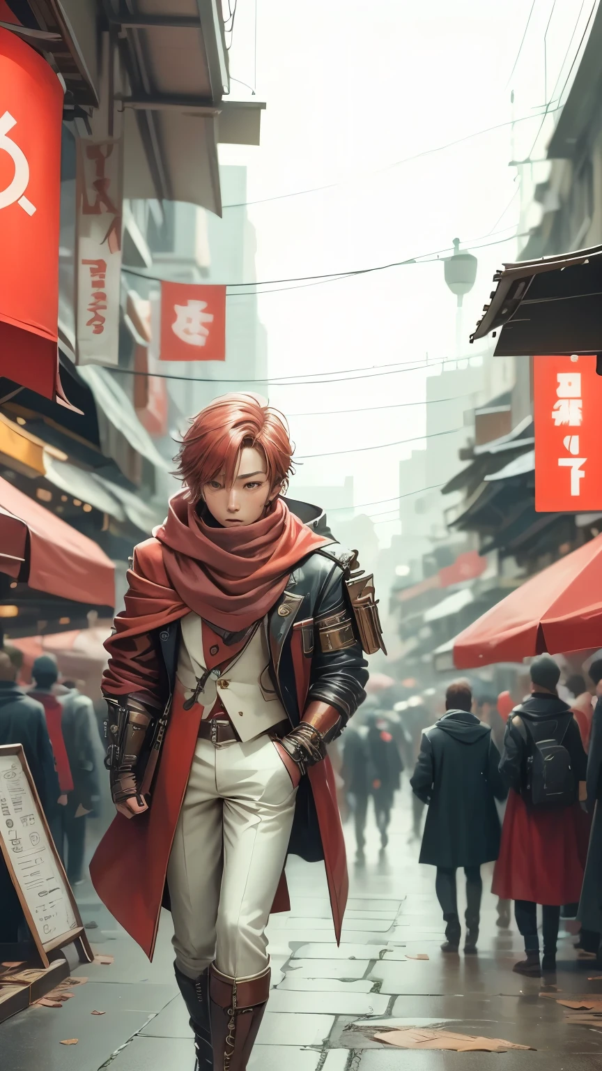 Develop the image of a hero in a red and white suit. Hombre arafed con un traje blanco y una capa roja posando para una foto., cosplay profesional, ropa de rol de moda, traje real akira, tsurumaki kazuya, final fantasy, sakimichan frank franzzeta, akihiko yoshida. Motor irreal, personaje final fantasy, anime cosplay, cosplay completo, sakimichan, cosplay. Un disfraz rojo y blanco debe ser moderno y futurista, with technological elements and details, that make it unique. The hero is walking. La escena de fondo puede ser un paisaje urbano. Feel free to add creative and interesting details, to make the hero even more exciting.