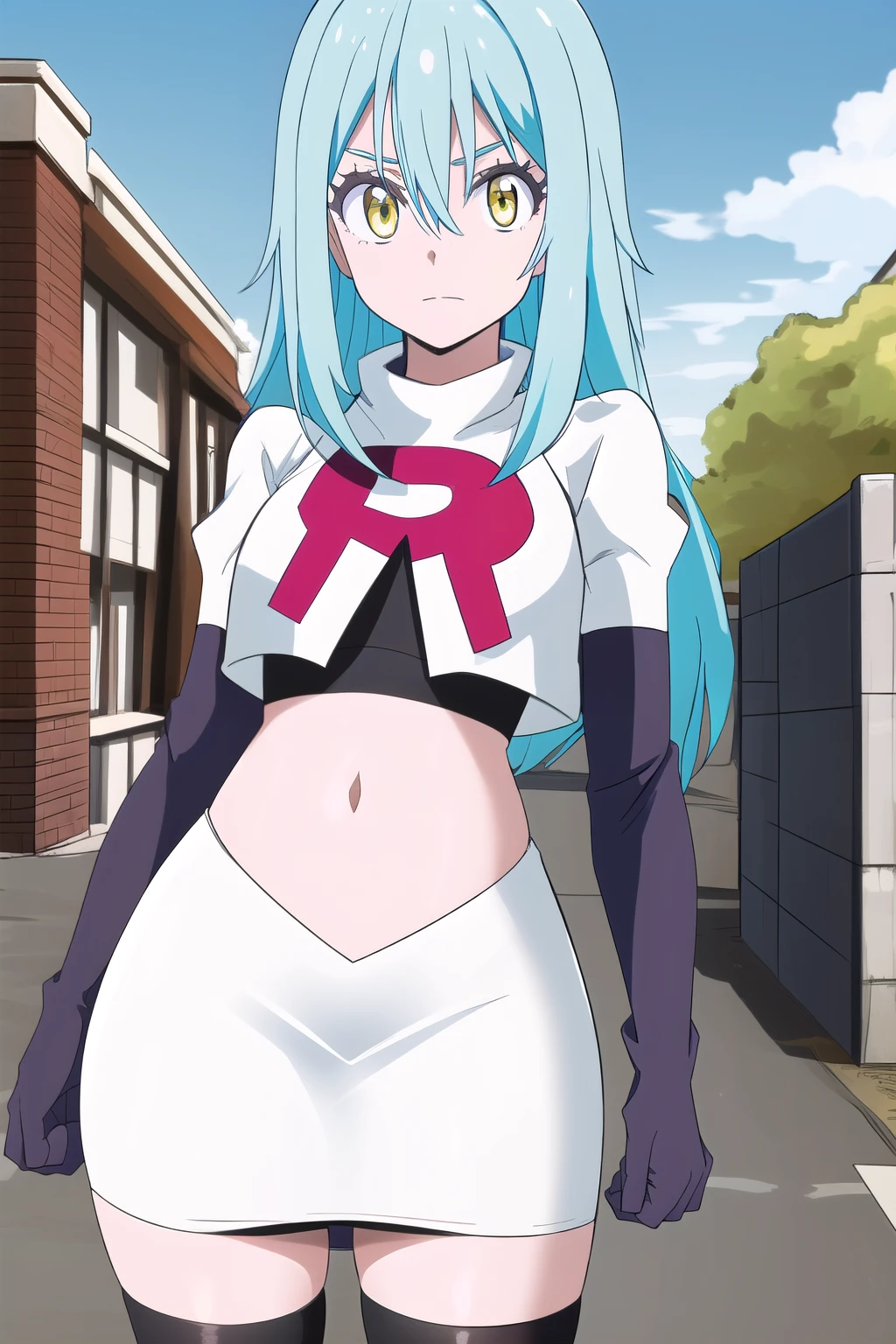 tensura, yellow eyes, blue hair, long hair, 1other, hair between eyes, looking at viewer, bangs, solo, androgynous, outdoors, colored eyelashes, shiny hair, ((masterpiece)) , team rocket,team rocket uniform,white skirt,red letter R,crop top,black thigh-highs,black elbow gloves