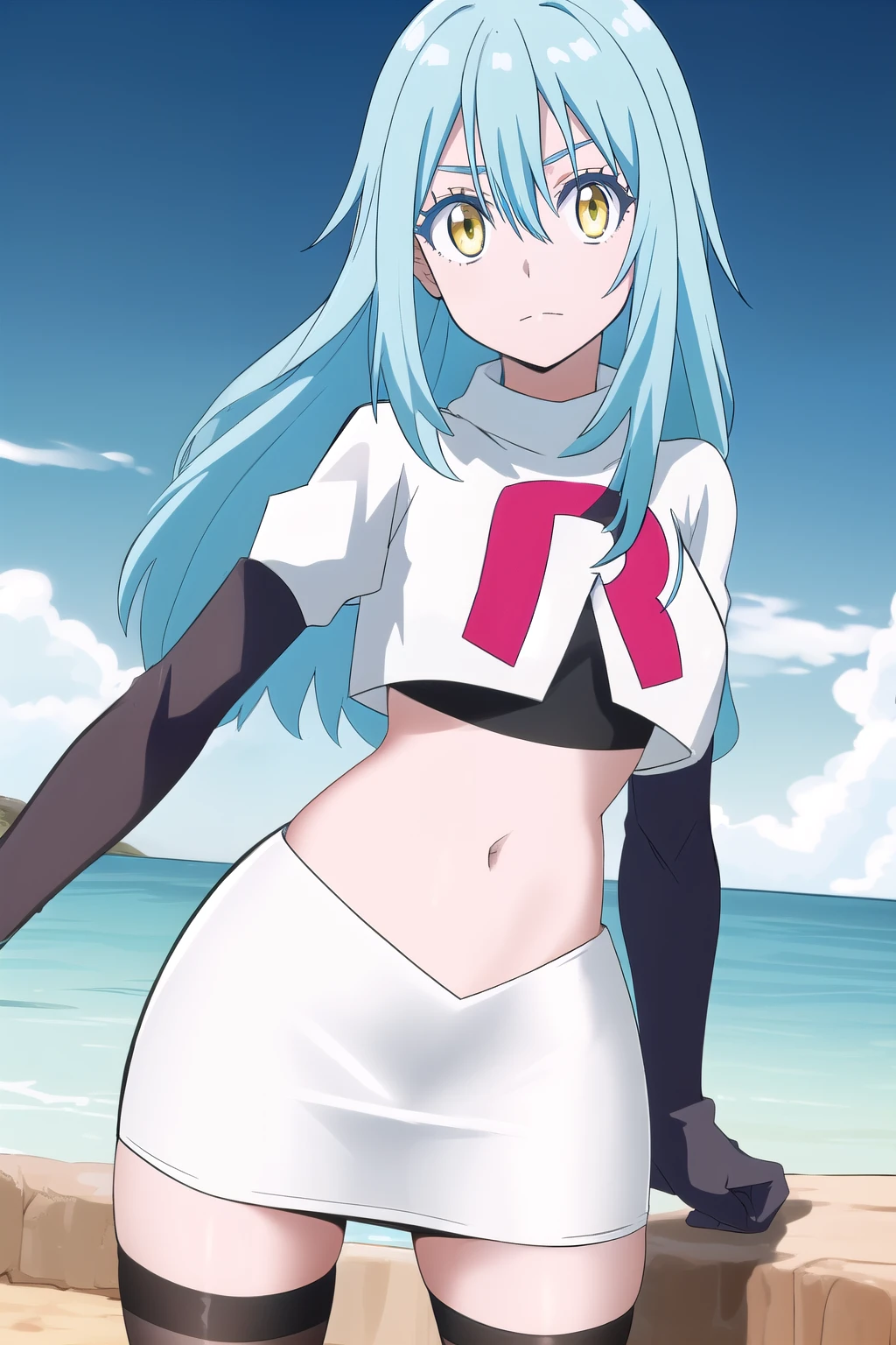 tensura, yellow eyes, blue hair, long hair, 1other, hair between eyes, looking at viewer, bangs, solo, androgynous, outdoors, colored eyelashes, shiny hair, ((masterpiece)) , team rocket,team rocket uniform,white skirt,red letter R,crop top,black thigh-highs,black elbow gloves