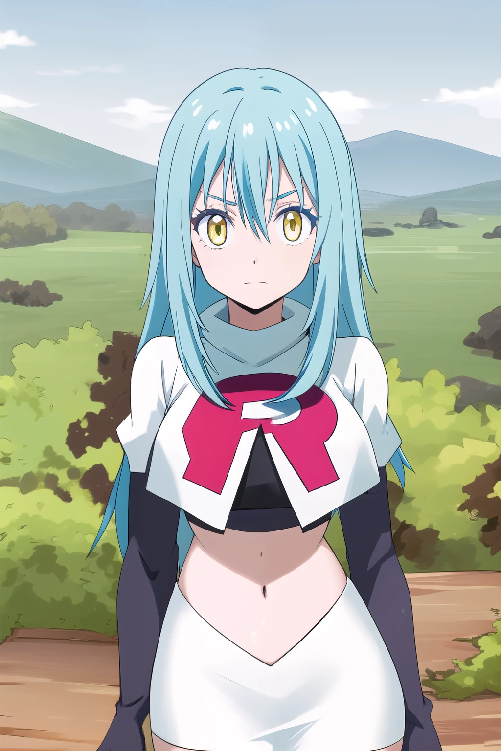 tensura, yellow eyes, blue hair, long hair, 1other, hair between eyes, looking at viewer, bangs, solo, androgynous, outdoors, colored eyelashes, shiny hair, ((masterpiece)) , team rocket,team rocket uniform,white skirt,red letter R,crop top,black thigh-highs,black elbow gloves