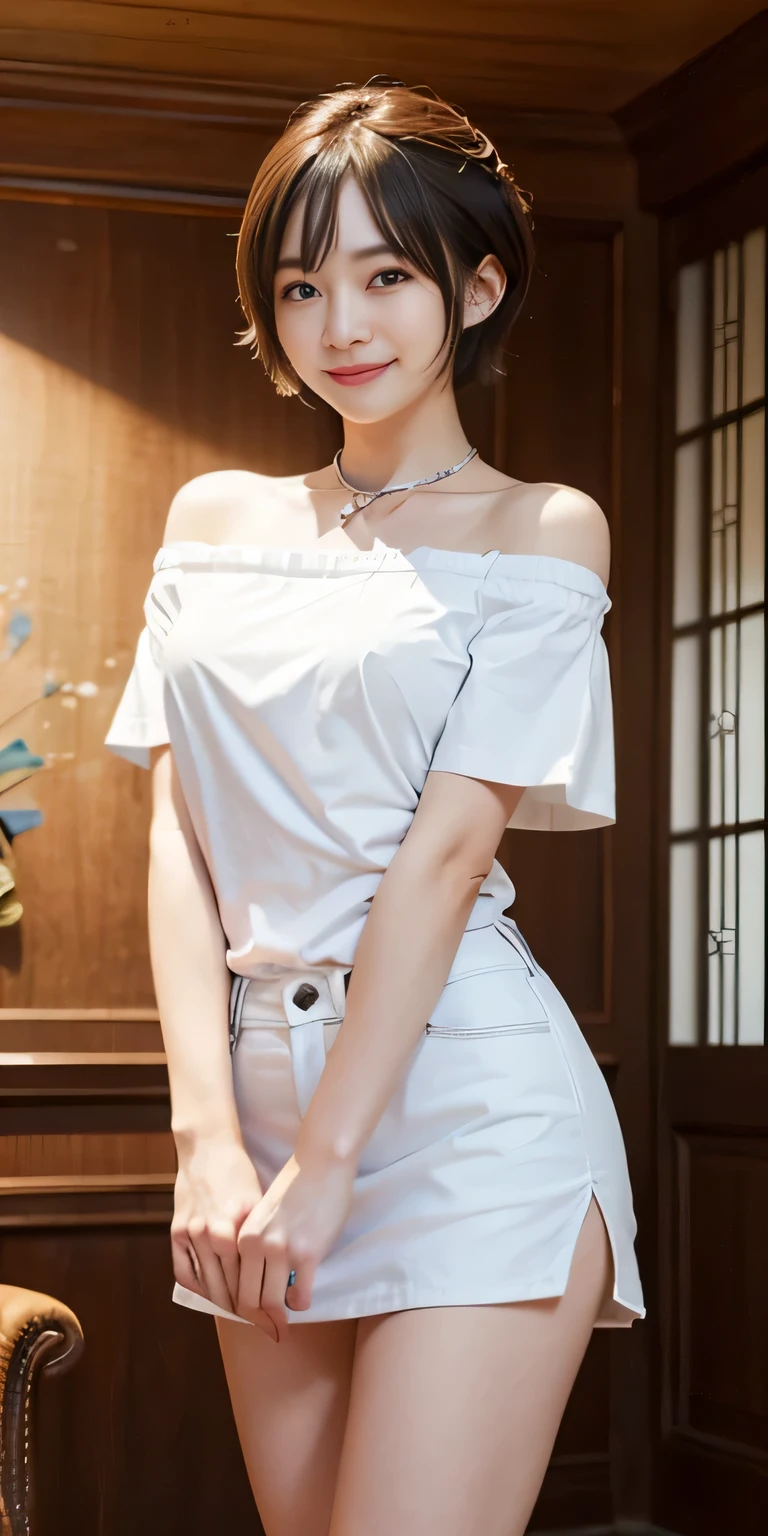(8k,RAW photo、RAW photo、highest quality、master masterpiece:1.2)、1girl、1middle aged male、Super detailed、super resolution、(Photoreal:1.3)、((shot from below)),((cowboy shot:1.4))、Clearly depicts the shadows of light、High resolution RAW color photos、Living room where you can take professional photos:1.4)))、I draw it faithfully to the anatomy..、very detailed and beautiful、super high quality、((girl with short cut hair:1.4))、((ドアの前に立っているgirl:1.4))、((White collar short sleeve off shoulder shirt:1.4))、((white short sleeve off shoulder cotton shirt:1.4))、((White miniskirt that highlights the thighs:1.4))、Upper body、((ポシェットを肩に掛けているgirl:1.4))、((smile:1.4))、