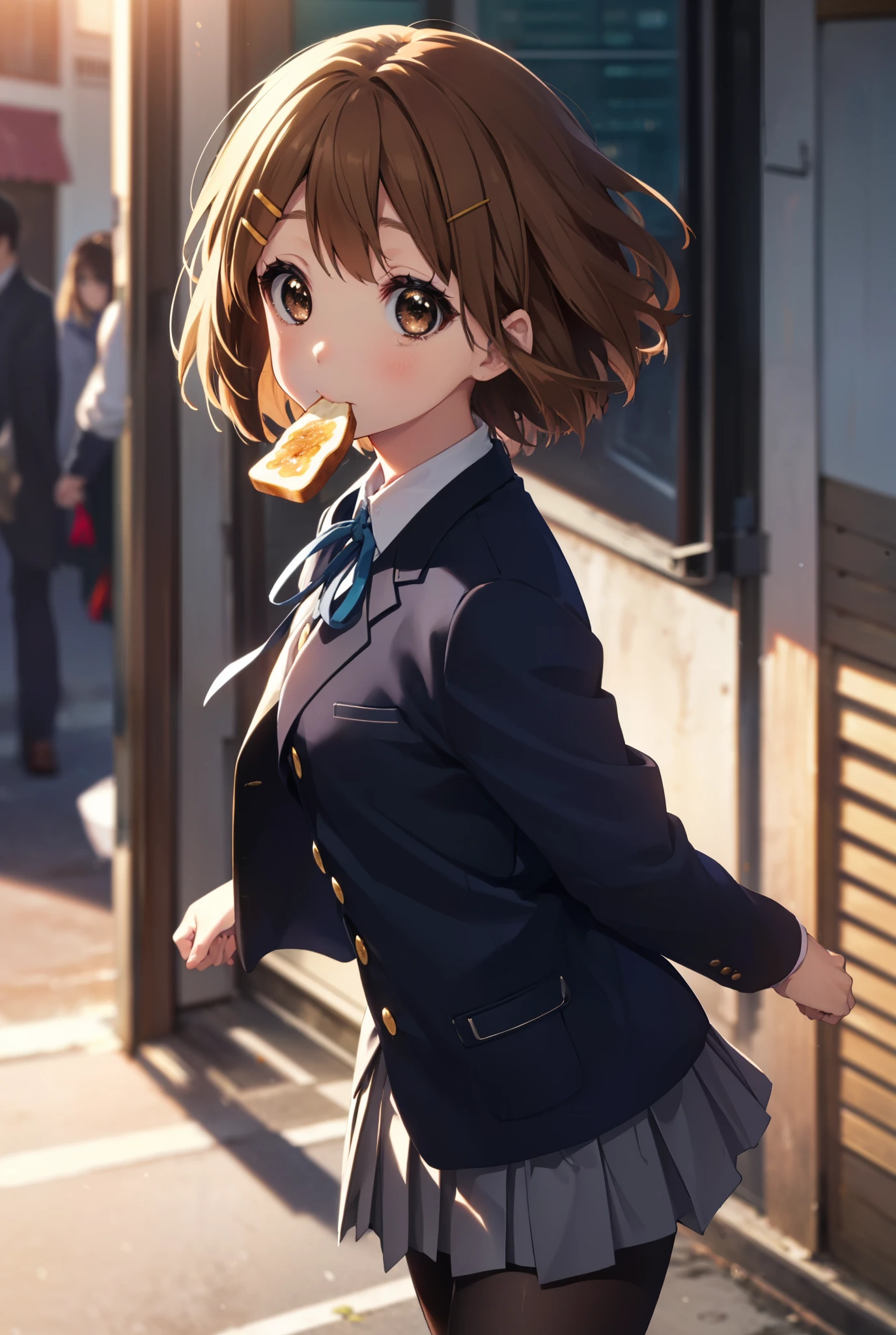 yuihirasawa, yui hirasawa, short hair, brown hair, hair ornaments, (brown eyes:1.5), hair clip,
break sakuragaoka high school uniform, school uniform, uniform, blazer, shirt, white shirt, collared shirt, skirt, pleated skirt,black pantyhose,brown loafers,toast in your mouth, running, city street,morning,morning日,The sun is rising,
break outdoors, residential street,
break looking at viewer, (cowboy shot:1.5),
break (masterpiece:1.2), highest quality, High resolution, unity 8k wallpaper, (figure:0.8), (detailed and beautiful eyes:1.6), highly detailed face, perfect lighting, Very detailed CG, (perfect hands, perfect anatomy),