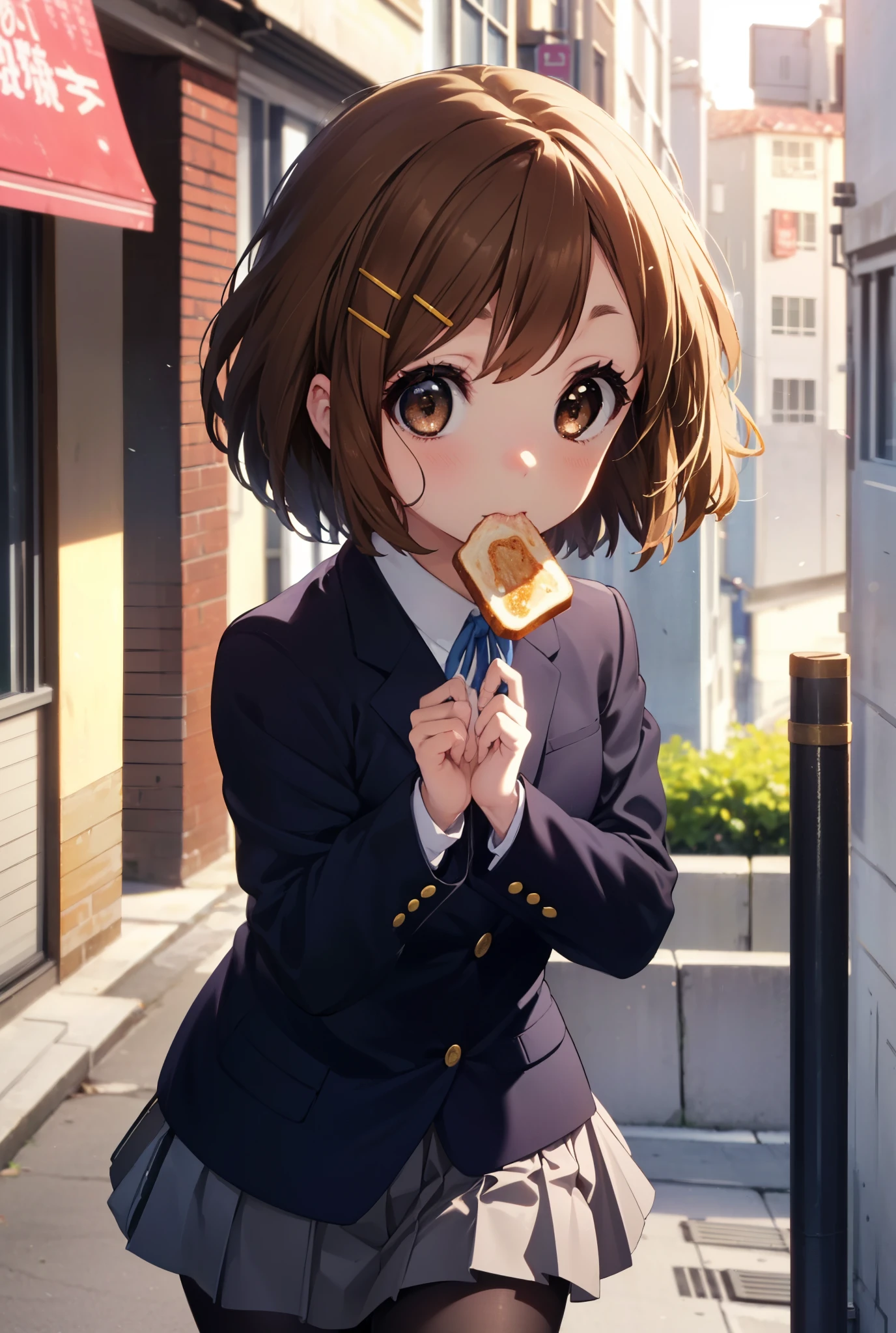 yuihirasawa, yui hirasawa, short hair, brown hair, hair ornaments, (brown eyes:1.5), hair clip,
break sakuragaoka high school uniform, school uniform, uniform, blazer, shirt, white shirt, collared shirt, skirt, pleated skirt,black pantyhose,brown loafers,toast in your mouth, running, city street,morning,morning日,The sun is rising,
break outdoors, residential street,
break looking at viewer, (cowboy shot:1.5),
break (masterpiece:1.2), highest quality, High resolution, unity 8k wallpaper, (figure:0.8), (detailed and beautiful eyes:1.6), highly detailed face, perfect lighting, Very detailed CG, (perfect hands, perfect anatomy),