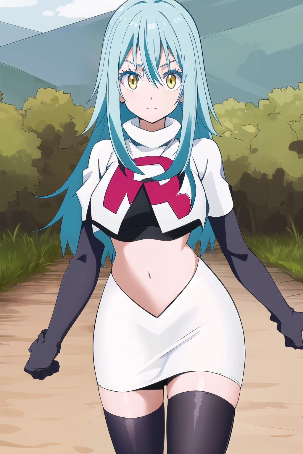 tensura, yellow eyes, blue hair, long hair, 1other, hair between eyes, looking at viewer, bangs, solo, androgynous, outdoors, colored eyelashes, shiny hair, ((masterpiece)) , team rocket,team rocket uniform,white skirt,red letter R,crop top,black thigh-highs,black elbow gloves