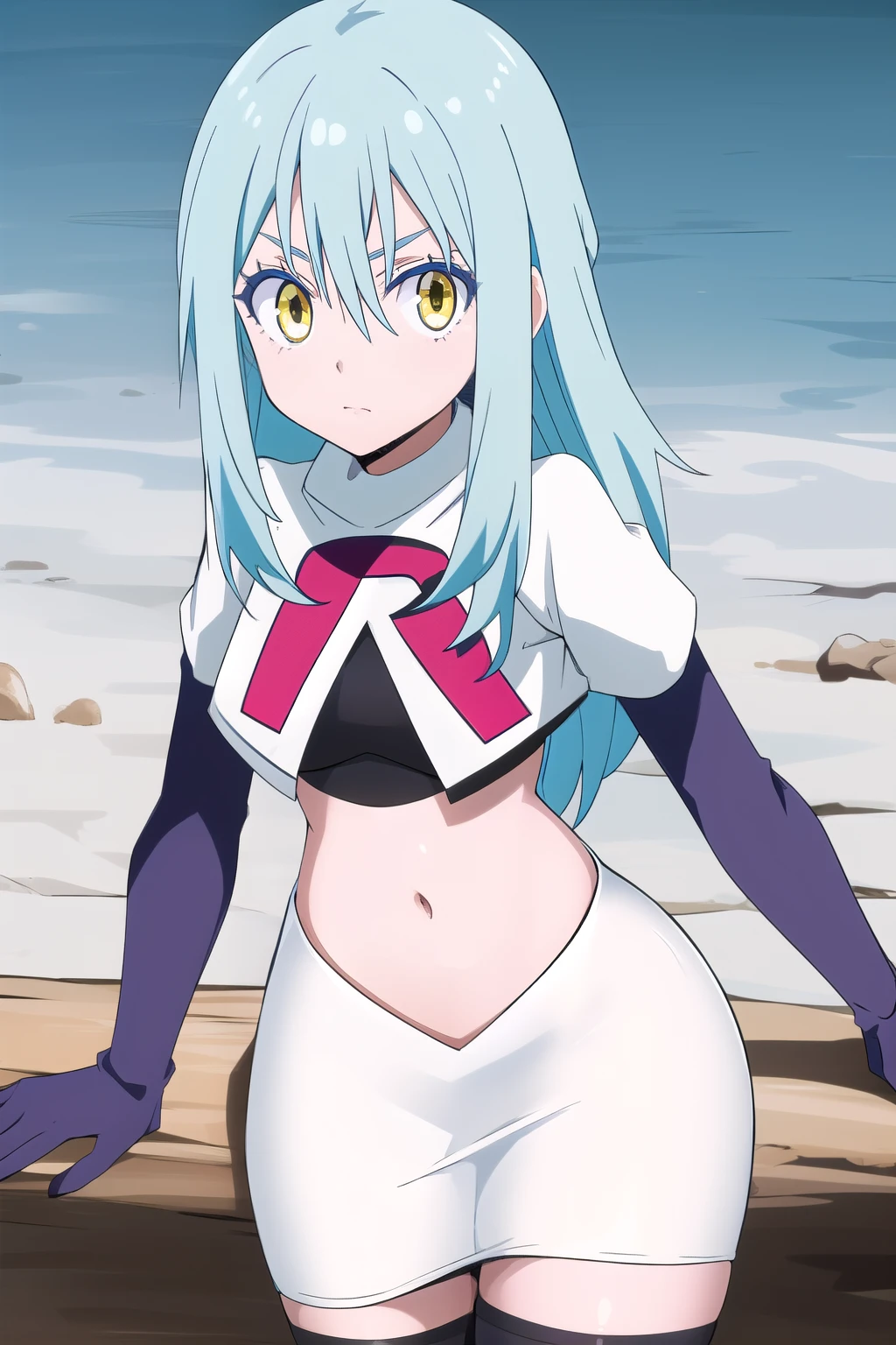 tensura, yellow eyes, blue hair, long hair, 1other, hair between eyes, looking at viewer, bangs, solo, androgynous, outdoors, colored eyelashes, shiny hair, ((masterpiece)) , team rocket,team rocket uniform,white skirt,red letter R,crop top,black thigh-highs,black elbow gloves