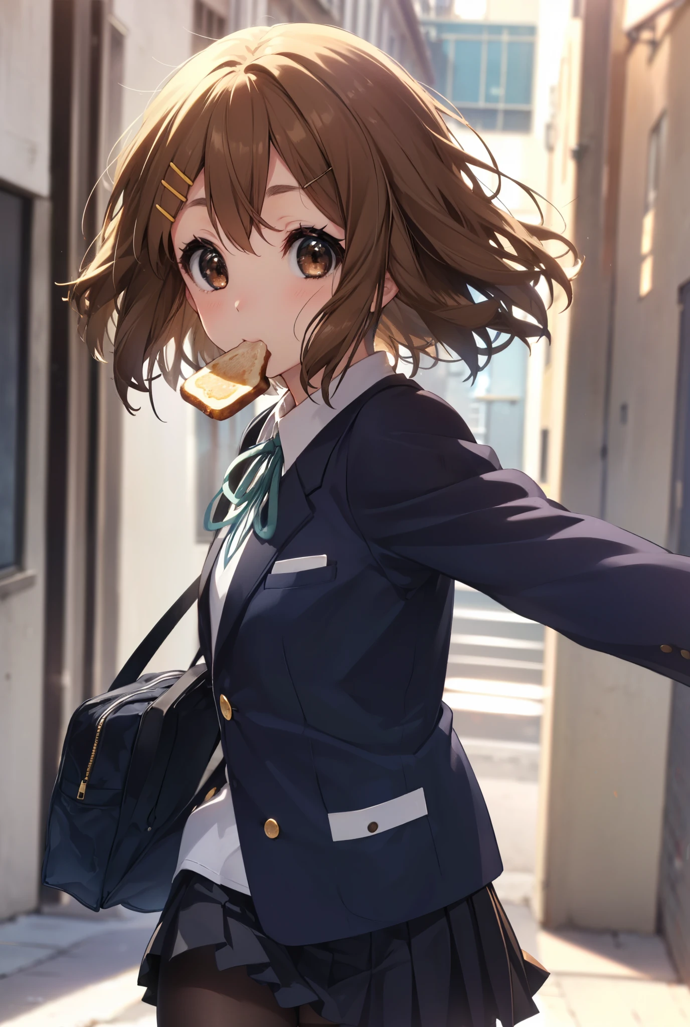 yuihirasawa, yui hirasawa, short hair, brown hair, hair ornaments, (brown eyes:1.5), hair clip,
break sakuragaoka high school uniform, school uniform, uniform, blazer, shirt, white shirt, collared shirt, skirt, pleated skirt,black pantyhose,brown loafers,toast in your mouth, running, city street,morning,morning日,The sun is rising,
break outdoors, residential street,
break looking at viewer, (cowboy shot:1.5),
break (masterpiece:1.2), highest quality, High resolution, unity 8k wallpaper, (figure:0.8), (detailed and beautiful eyes:1.6), highly detailed face, perfect lighting, Very detailed CG, (perfect hands, perfect anatomy),