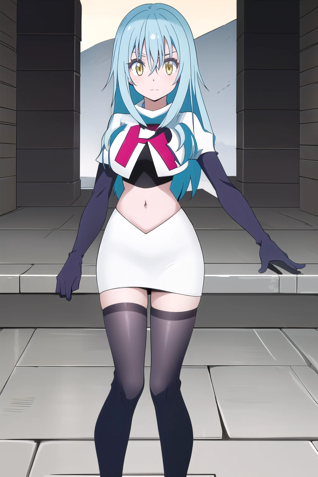 tensura, yellow eyes, blue hair, long hair, 1other, hair between eyes, looking at viewer, bangs, solo, androgynous, outdoors, colored eyelashes, shiny hair, ((masterpiece)) , team rocket,team rocket uniform,white skirt,red letter R,crop top,black thigh-highs,black elbow gloves