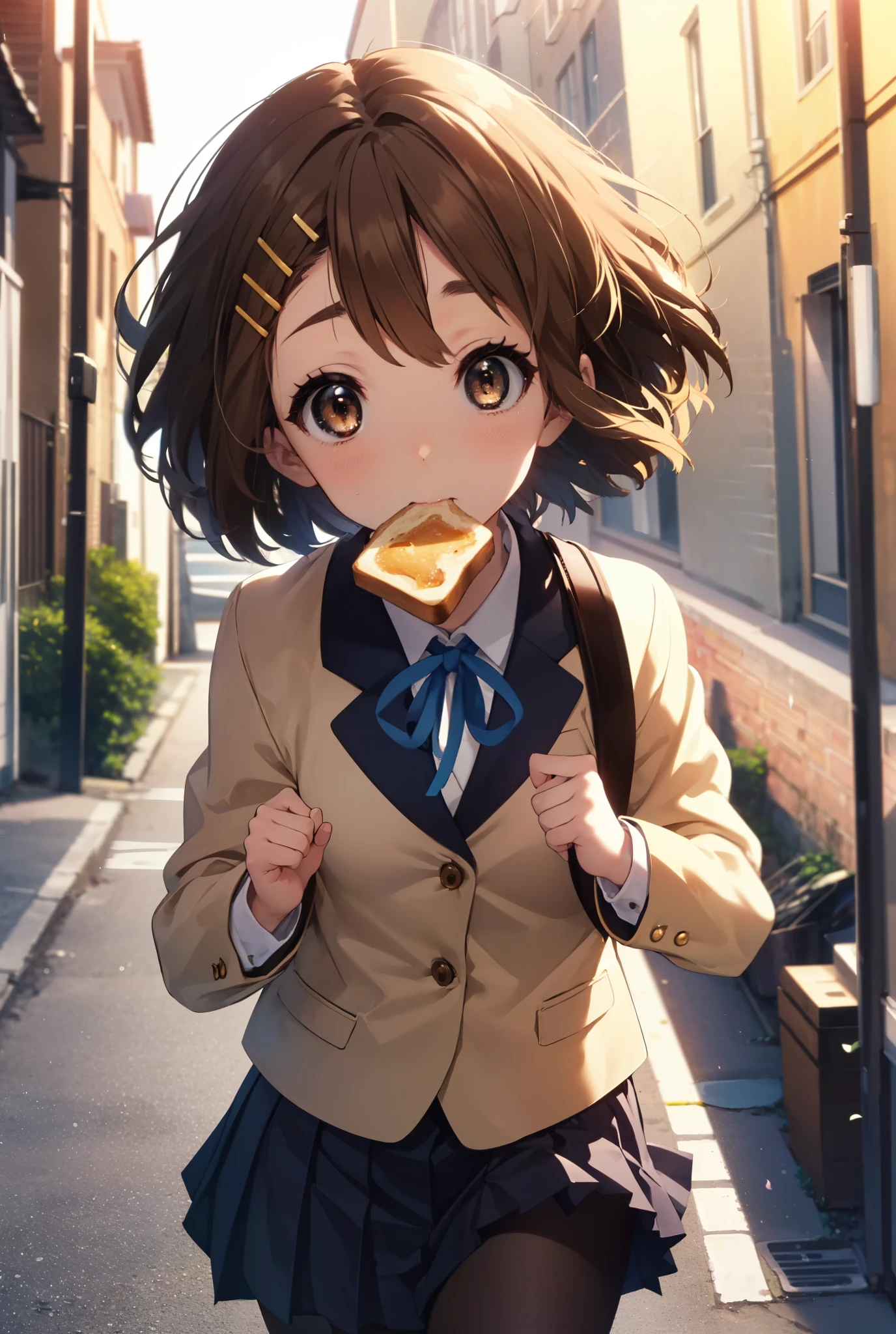 yuihirasawa, yui hirasawa, short hair, brown hair, hair ornaments, (brown eyes:1.5), hair clip,
break sakuragaoka high school uniform, school uniform, uniform, blazer, shirt, white shirt, collared shirt, skirt, pleated skirt,black pantyhose,brown loafers,toast in your mouth, running, city street,morning,morning日,The sun is rising,
break outdoors, residential street,
break looking at viewer, (cowboy shot:1.5),
break (masterpiece:1.2), highest quality, High resolution, unity 8k wallpaper, (figure:0.8), (detailed and beautiful eyes:1.6), highly detailed face, perfect lighting, Very detailed CG, (perfect hands, perfect anatomy),