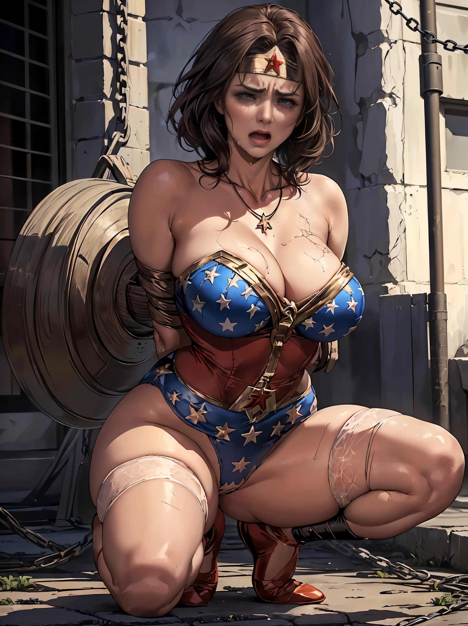 ((Wonderwoman, in the dirty alley,  at night)) ,((SUPERHEROINE WONDERWOMAN IS A FILTHY OLD WHORE, PROSTITUTION)), ((emotional expression,expression of pain and despair, gritando de dor, expression of suffering, olhos arregalados)),(Wonder Woman is squatting, pernas abertas), (((She's crying a lot, ela tem cabelo preto, ela tem cabelo longo))), ((She wears a thick metal necklace around her neck.)), (She is wearing FETISH Ballet Shoes Ankle Strap), (obra-prima, melhor qualidade) 1.5, 1 garota, sozinho, (sexy, mulher bonita, rosto perfeito, olhos perfeitos), corpo inteiro. ((She is wearing starry lace panties)), tears running down your face)), ((WonderWoman in Strappado bondage ,arms tied behind the back, then by use of some method of attachment such as a rope or chain that runs from their wrists to a securing point above, their arms are lifted behind them until the person is forced to bend forward)), ((emotional expression,expression of pain and despair, gritando de dor, expression of suffering, olhos arregalados, expression of fear, corpo se contorcendo de dor)), (((your clothes are torn, your clothes are in rags))) 