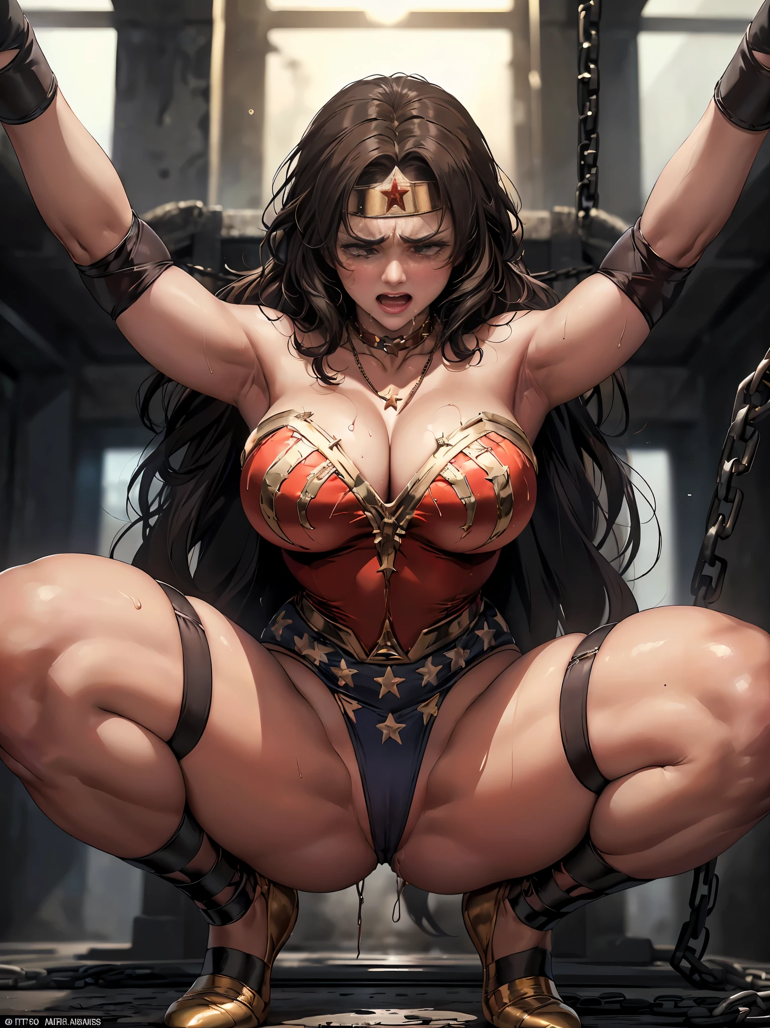 ((Wonderwoman, in the prision break)) ,((SUPERHEROINE mulher maravilha IS A FILTHY OLD WHORE)), ((emotional expression,expression of pain and despair, gritando de dor, expression of suffering, olhos arregalados)),(Wonder Woman is squatting, pernas abertas), (((She's crying a lot, ela tem cabelo preto, ela tem cabelo longo))), ((She wears a thick metal necklace around her neck.)), (She is wearing FETISH Ballet Shoes Ankle Strap), (obra-prima, melhor qualidade) 1.5, 1 garota, sozinho, (sexy, mulher bonita, rosto perfeito, olhos perfeitos), corpo inteiro. ((She is wearing starry lace panties)), tears running down your face)), ((WonderWoman in Strappado bondage ,arms tied behind the back, then by use of some method of attachment such as a rope or chain that runs from their wrists to a securing point above, their arms are lifted behind them until the person is forced to bend forward)), ((emotional expression,expression of pain and despair, gritando de dor, expression of suffering, olhos arregalados, expression of fear, corpo se contorcendo de dor)), (((cabelo preto))) 