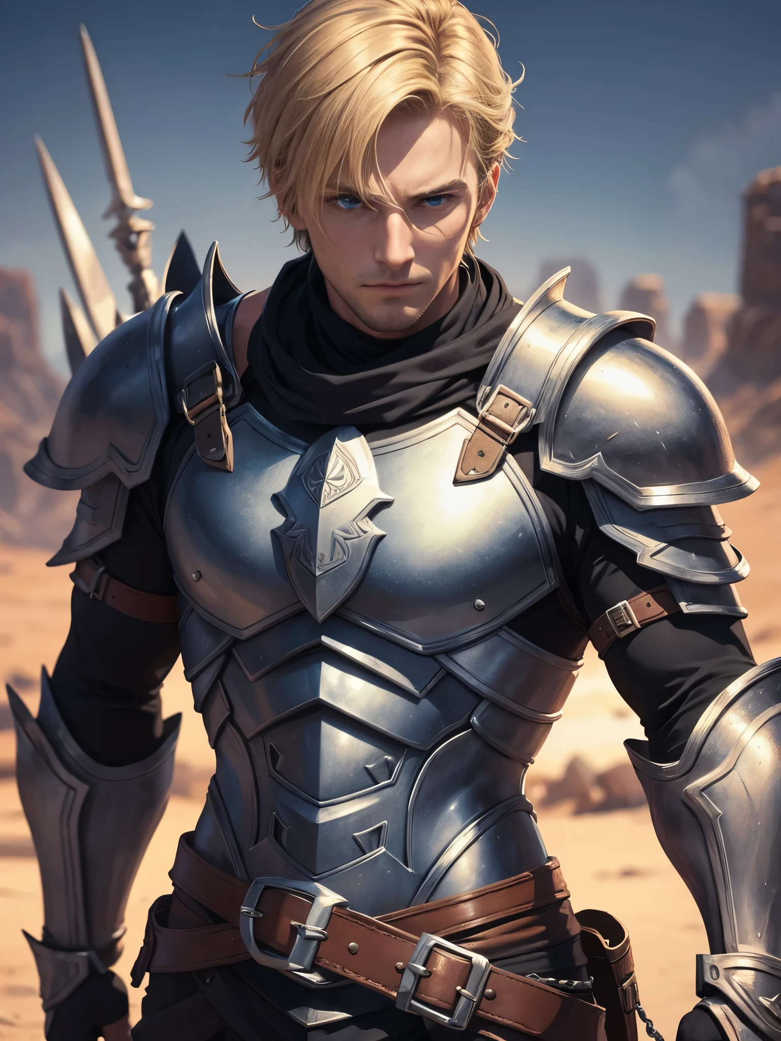 1 muscular male, 30yo, short blonde hair, blue eyes, muscular, wearing leather armor, metal gauntlets, chains, spikes, holding sword, ultra high resolution, detailed face, desert background, dust, wind, blowing dust, dynamic lighting, lights, volumetric light, realistic, intricate details, everything in razor sharp focus, male focus, solo, Photograph, masterwork, 12K, ultra-defined, intricate details, absurdres, hyper-detailed, dark fantasy 
