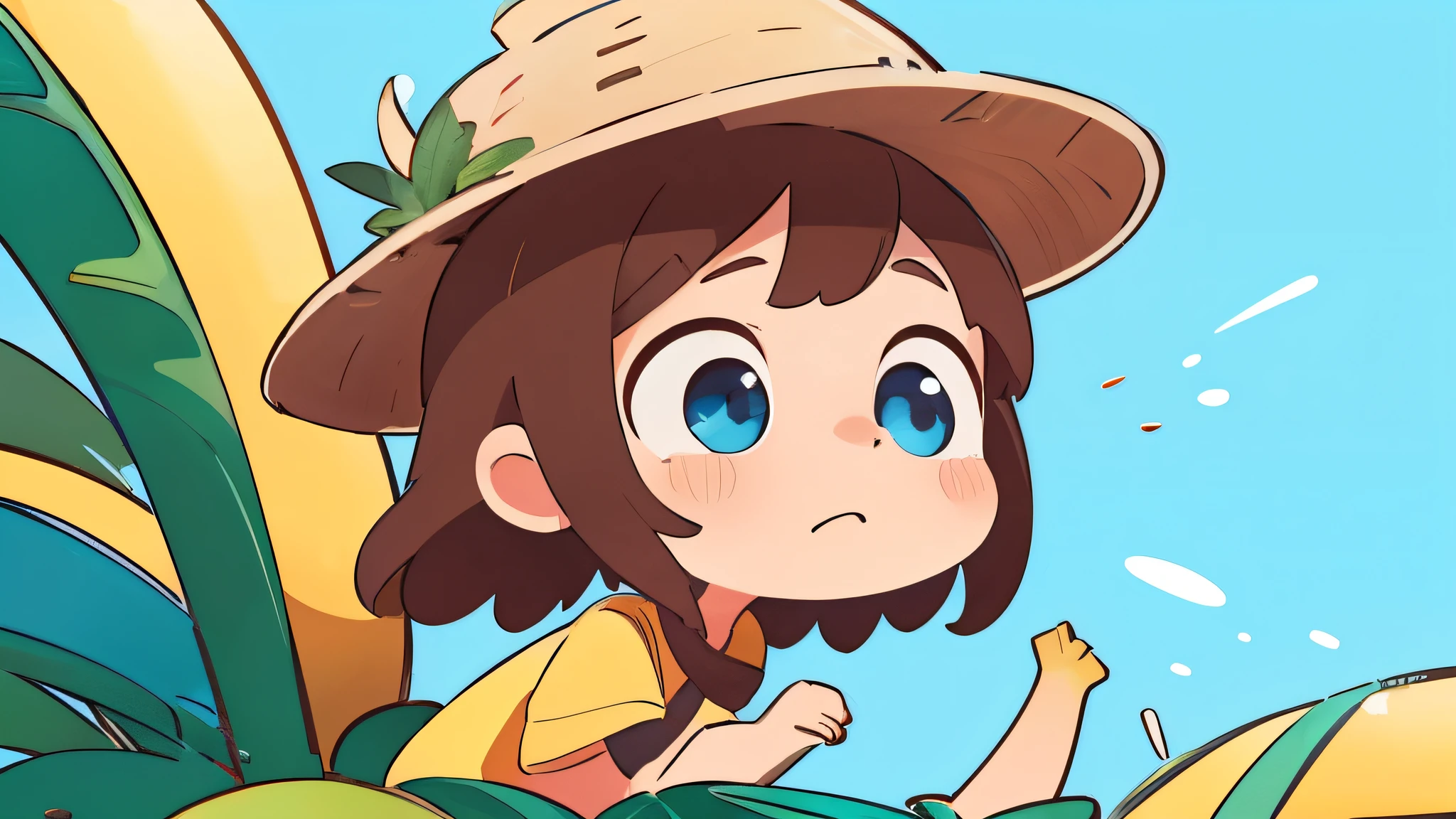 supper sad, banana hat, bananas background pattern, banana tree, blueish background, high detailed, fornite banana costume, shooting, explosion, high contrast, high saturation, guns, bananas, crying, big eyes, in a close view, front, girly brown hair, blue eyes