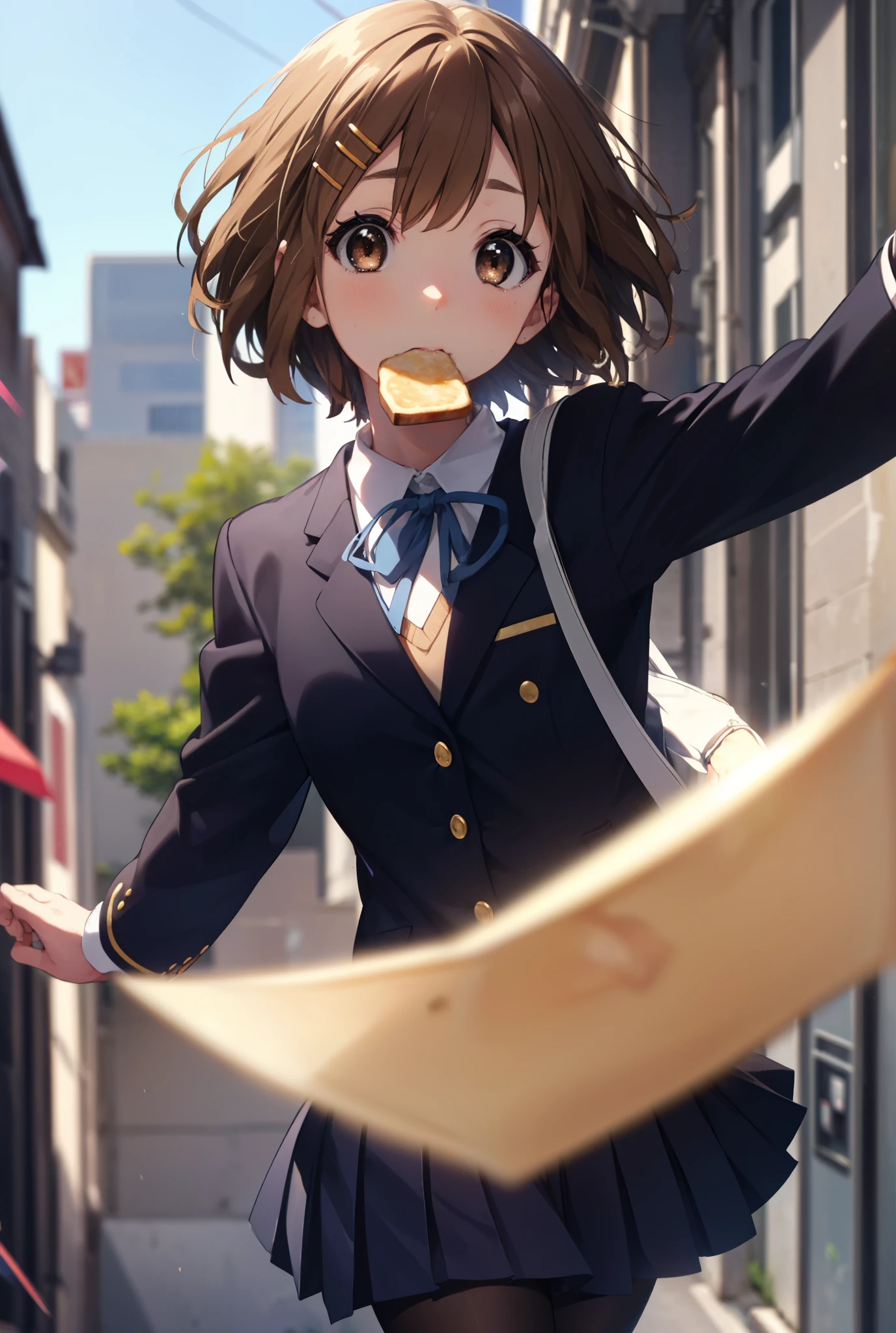 yuihirasawa, yui hirasawa, short hair, brown hair, hair ornaments, (brown eyes:1.5), hair clip,
break sakuragaoka high school uniform, school uniform, uniform, blazer, shirt, white shirt, collared shirt, skirt, pleated skirt,black pantyhose,brown loafers,toast in your mouth, running, city street,morning,morning日,The sun is rising,
break outdoors, residential street,
break looking at viewer, (cowboy shot:1.5),
break (masterpiece:1.2), highest quality, High resolution, unity 8k wallpaper, (figure:0.8), (detailed and beautiful eyes:1.6), highly detailed face, perfect lighting, Very detailed CG, (perfect hands, perfect anatomy),