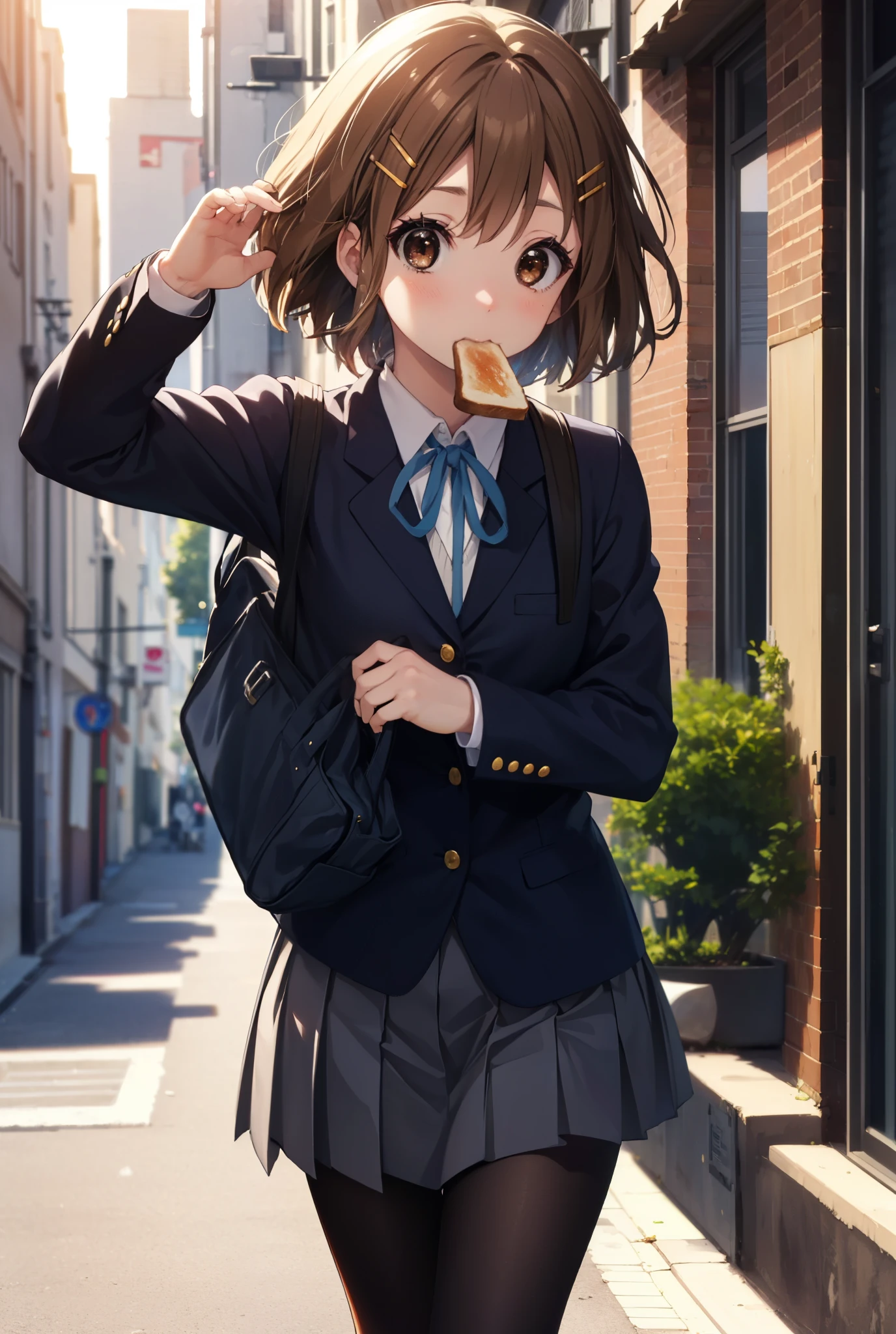 yuihirasawa, yui hirasawa, short hair, brown hair, hair ornaments, (brown eyes:1.5), hair clip,
break sakuragaoka high school uniform, school uniform, uniform, blazer, shirt, white shirt, collared shirt, skirt, pleated skirt,black pantyhose,brown loafers,toast in your mouth, running, city street,morning,morning日,The sun is rising,
break outdoors, residential street,
break looking at viewer, (cowboy shot:1.5),
break (masterpiece:1.2), highest quality, High resolution, unity 8k wallpaper, (figure:0.8), (detailed and beautiful eyes:1.6), highly detailed face, perfect lighting, Very detailed CG, (perfect hands, perfect anatomy),