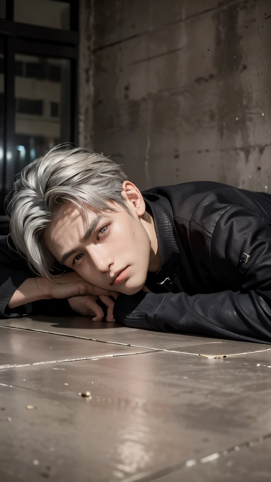 In the bustling and bustling future city, there is an adult man lying in a dark and dirty corner on a damp and filthy concrete floor. The man is very handsome, with fair, almost translucent skin that gleams in the back lighting, revealing very realistic skin particles and pores. He has a lean, toned figure, and his long, silver hair is messy yet realistically textured, each strand reflecting the dim light. His beautifully detailed eyes, with irises that seem to change color in the shadow, gaze intently at something in the distance. The corners of the city behind him are blurred and indistinct in the dim light, adding to the sense of mystery and intrigue surrounding