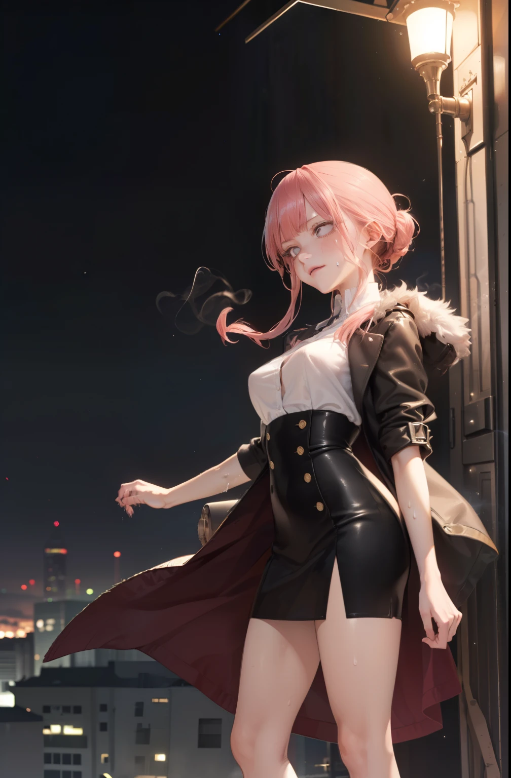 ((masterpiece、high quality、High resolution、4k, 8k, Blue Archive Official Art、live action)),knowledgeable person、detailed face、fine eyes、fine eyes、 (dripping Sweat、oil skin,glowing skin、realistic skin texture、fine and beautiful skin、shiny skin, big breasts、beautiful thighs, mature pretty woman、transparent eyes、sexy、(細い body and limbs,), (random pose) , ((clear eyes、double eyelid、big breasts))、((character : Karin Kakudate Blue Archive))、ぶら下がるbig breastsがシャツから見える、brown coat with fur、night view、night room、dark、lights out、skyscrapers、cyber punk、Rooftop of building with glowing helipad、Fluttering Wind、night breeze、かっこいいstanding pose、((thin waist、thin thighs、beautiful feet))、standing pose、((vapor,Sweat,what))、(black leather high waist slit skirt),((stare into the distance, Landscape))、With a bewitching smile、(((迸るSweat、oil skin,sparkling skin、realistic skin texture、detailed beautiful skin、shiny skin、shiny skin)))、pale image、pale light、from side view