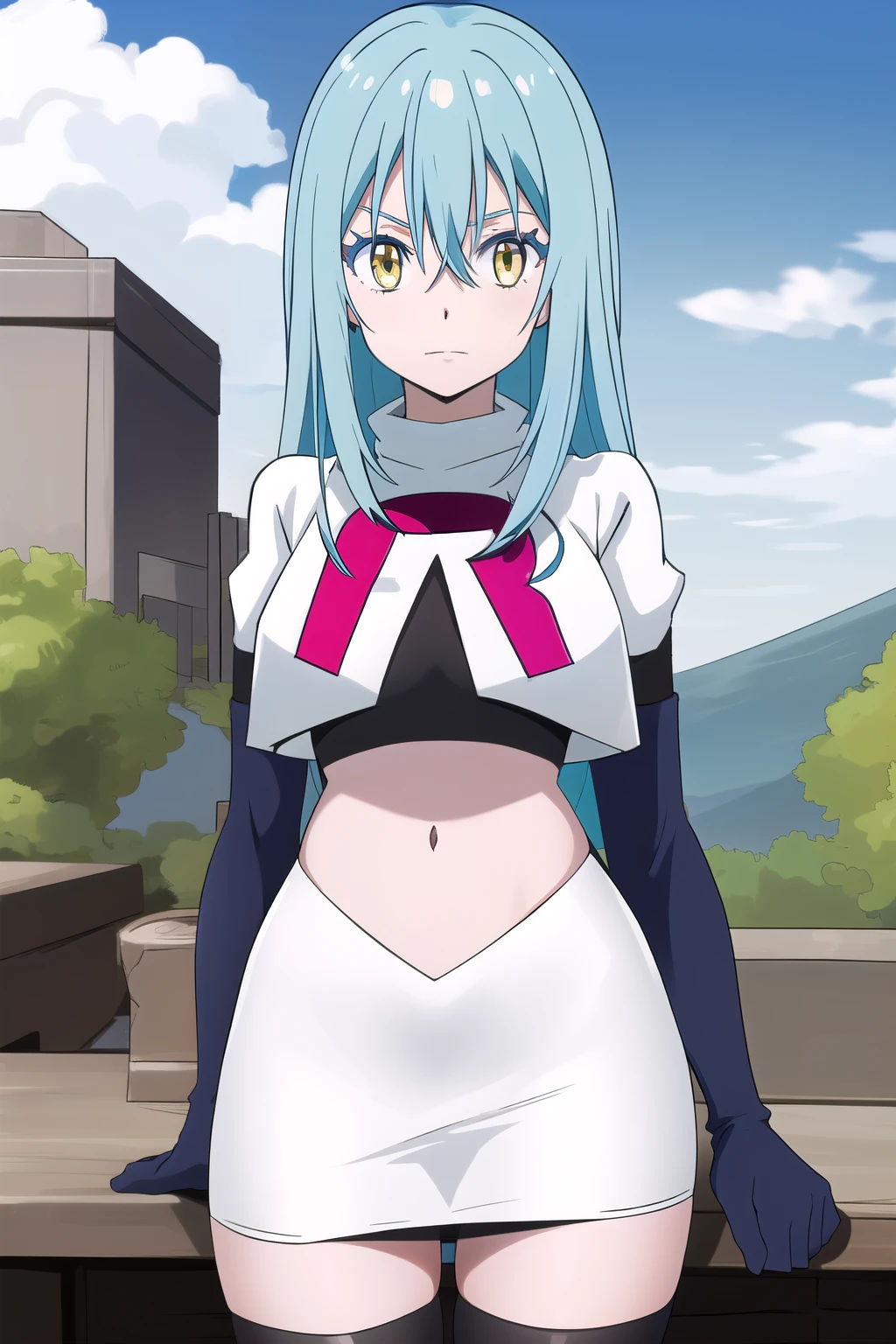 tensura, yellow eyes, blue hair, long hair, 1other, hair between eyes, looking at viewer, bangs, solo, androgynous, outdoors, colored eyelashes, shiny hair, ((masterpiece)) , team rocket,team rocket uniform,white skirt,red letter R,crop top,black thigh-highs,black elbow gloves