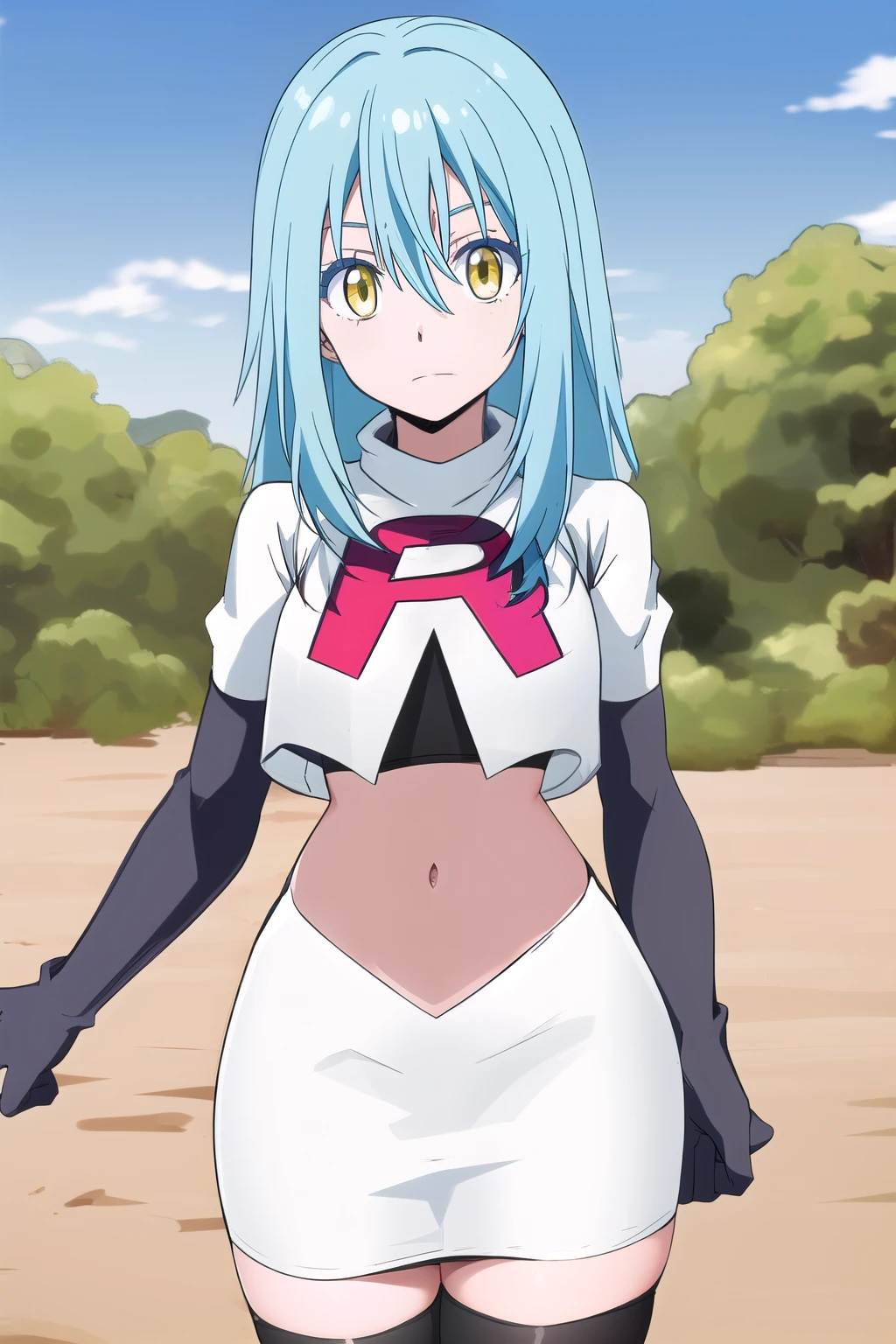 tensura, yellow eyes, blue hair, long hair, 1other, hair between eyes, looking at viewer, bangs, solo, androgynous, outdoors, colored eyelashes, shiny hair, ((masterpiece)) , team rocket,team rocket uniform,white skirt,red letter R,crop top,black thigh-highs,black elbow gloves