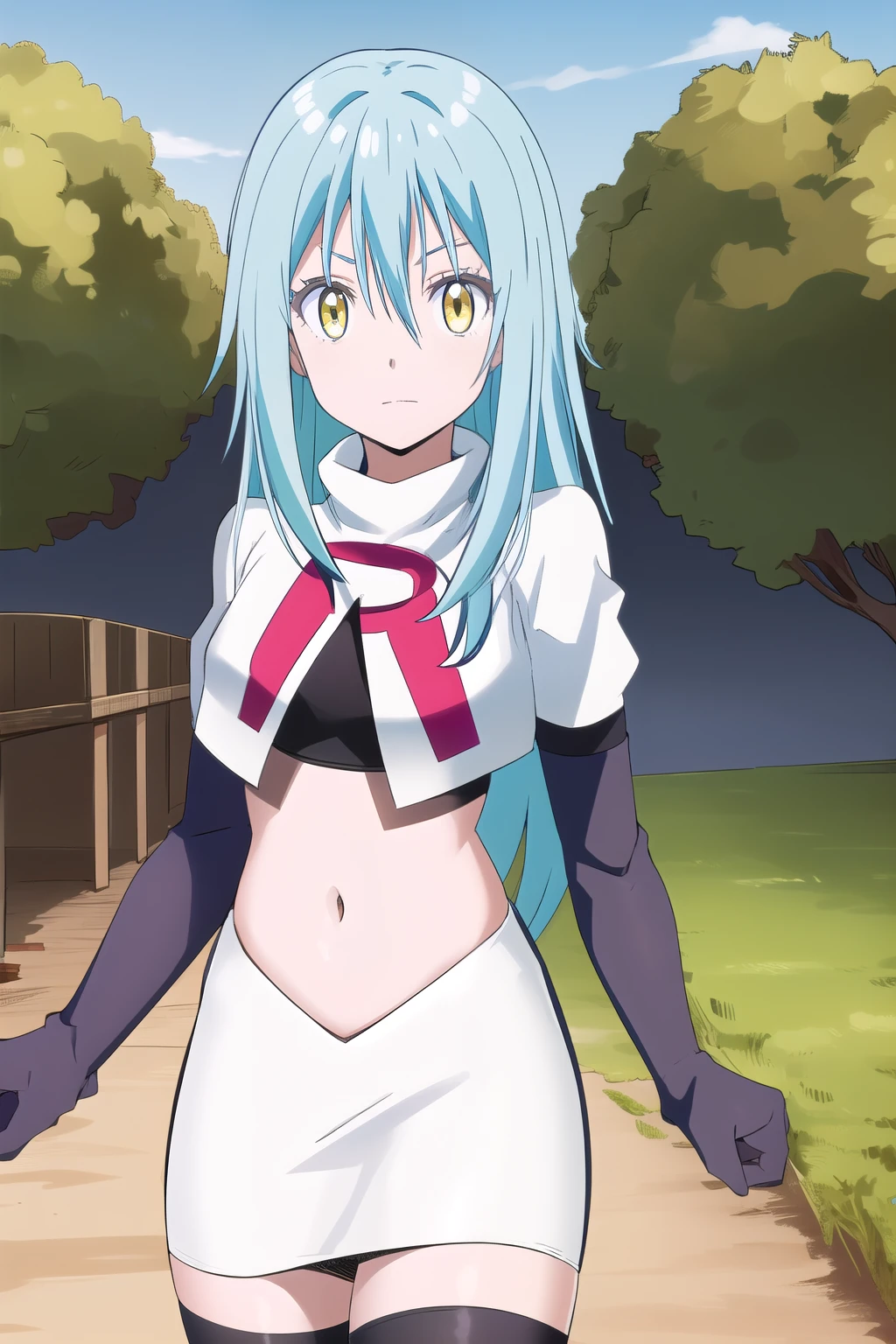 tensura, yellow eyes, blue hair, long hair, 1other, hair between eyes, looking at viewer, bangs, solo, androgynous, outdoors, colored eyelashes, shiny hair, ((masterpiece)) , team rocket,team rocket uniform,white skirt,red letter R,crop top,black thigh-highs,black elbow gloves