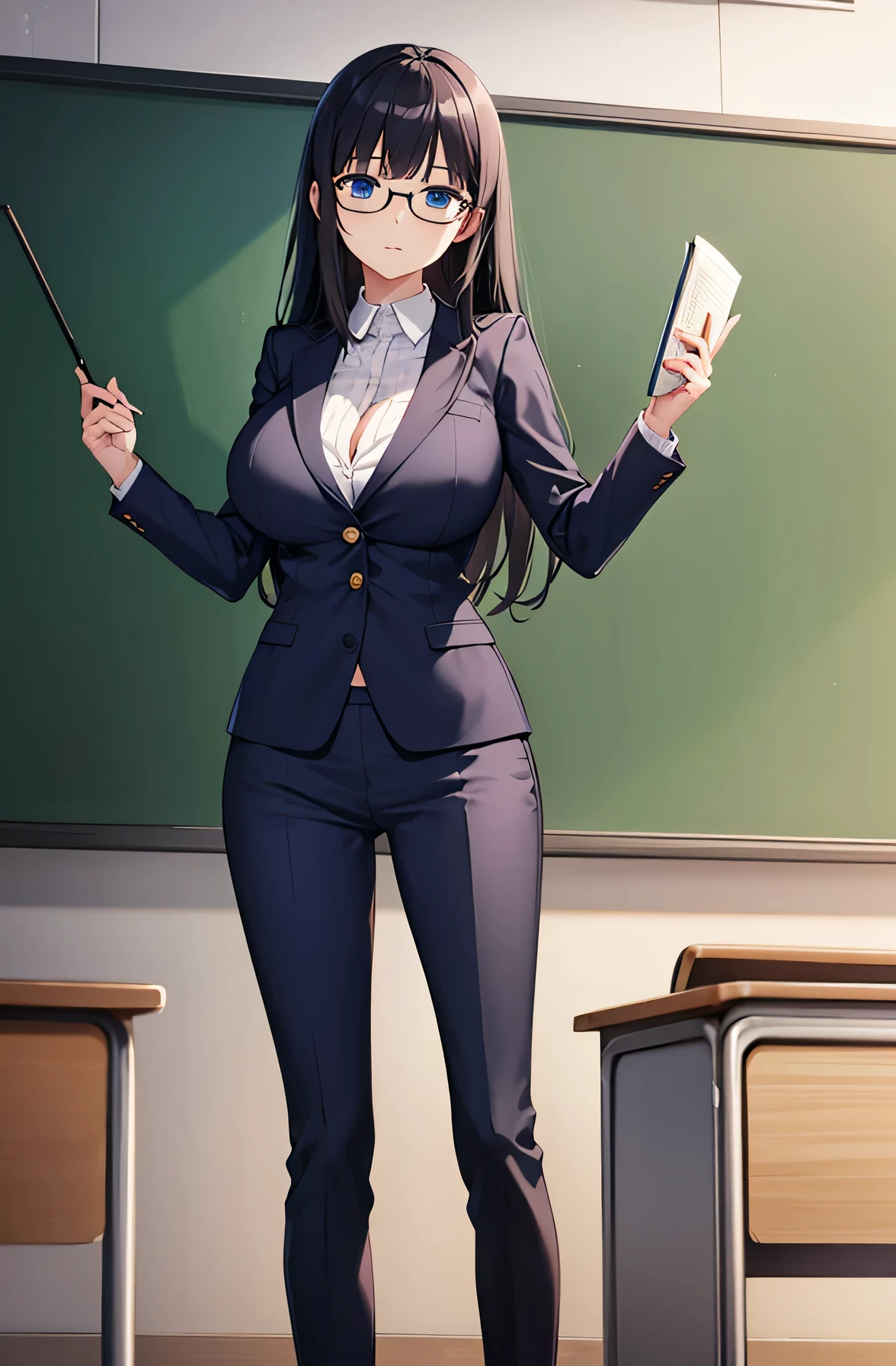 one woman、school teacher、pants type suit、big breasts、D cup、black hair、long hair、Glasses、blue eyes、cute anime illustration、blackboard、Jiao Zhuo、Open textbook、teach the audience a lesson、Are standing、