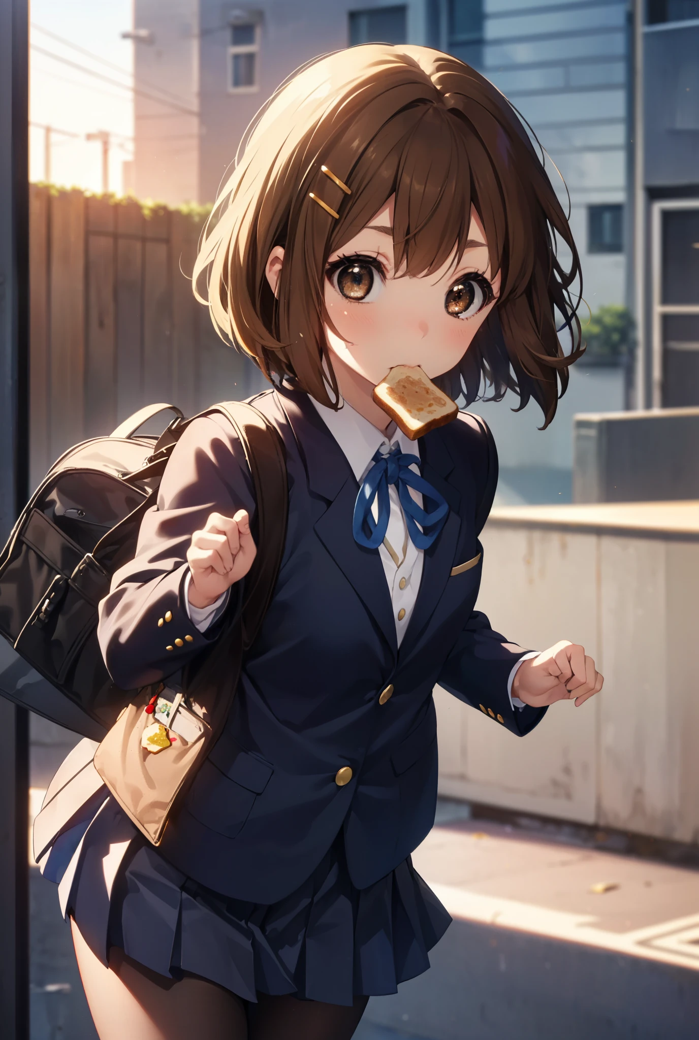 yuihirasawa, yui hirasawa, short hair, brown hair, hair ornaments, (brown eyes:1.5), hair clip,
break sakuragaoka high school uniform, school uniform, uniform, blazer, shirt, white shirt, collared shirt, skirt, pleated skirt,black pantyhose,brown loafers,toast in your mouth, running, city street,morning,morning日,The sun is rising,
break outdoors, residential street,
break looking at viewer, (cowboy shot:1.5),
break (masterpiece:1.2), highest quality, High resolution, unity 8k wallpaper, (figure:0.8), (detailed and beautiful eyes:1.6), highly detailed face, perfect lighting, Very detailed CG, (perfect hands, perfect anatomy),