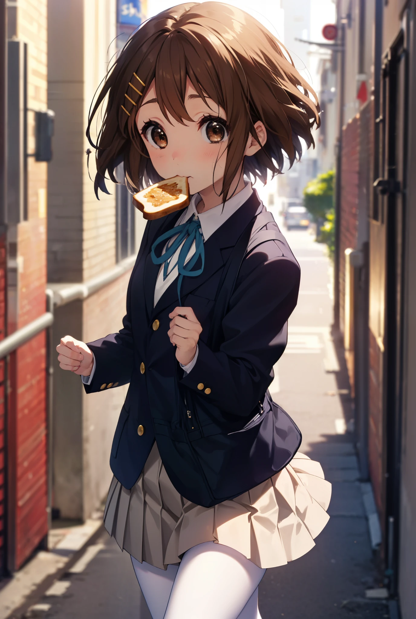 yuihirasawa, yui hirasawa, short hair, brown hair, hair ornaments, (brown eyes:1.5), hair clip,
break sakuragaoka high school uniform, school uniform, uniform, blazer, shirt, white shirt, collared shirt, skirt, pleated skirt,black pantyhose,brown loafers,toast in your mouth, running, city street,morning,morning日,The sun is rising,
break outdoors, residential street,
break looking at viewer, (cowboy shot:1.5),
break (masterpiece:1.2), highest quality, High resolution, unity 8k wallpaper, (figure:0.8), (detailed and beautiful eyes:1.6), highly detailed face, perfect lighting, Very detailed CG, (perfect hands, perfect anatomy),