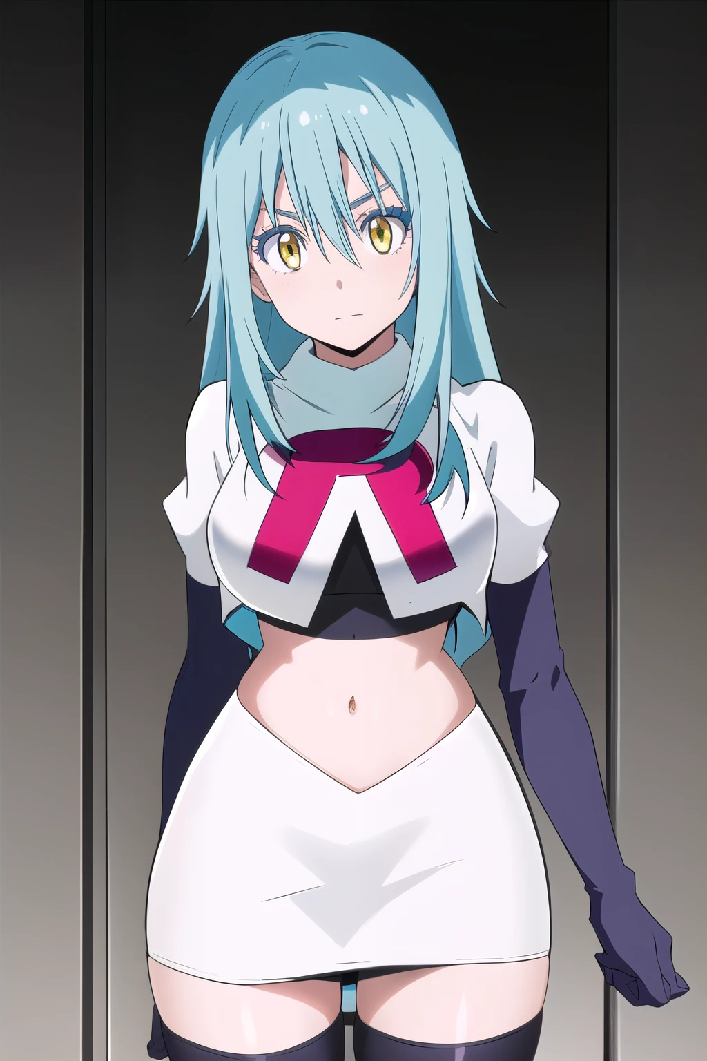 tensura, yellow eyes, blue hair, long hair, 1other, hair between eyes, looking at viewer, bangs, solo, androgynous, outdoors, colored eyelashes, shiny hair, ((masterpiece)) , team rocket,team rocket uniform,white skirt,red letter R,crop top,black thigh-highs,black elbow gloves