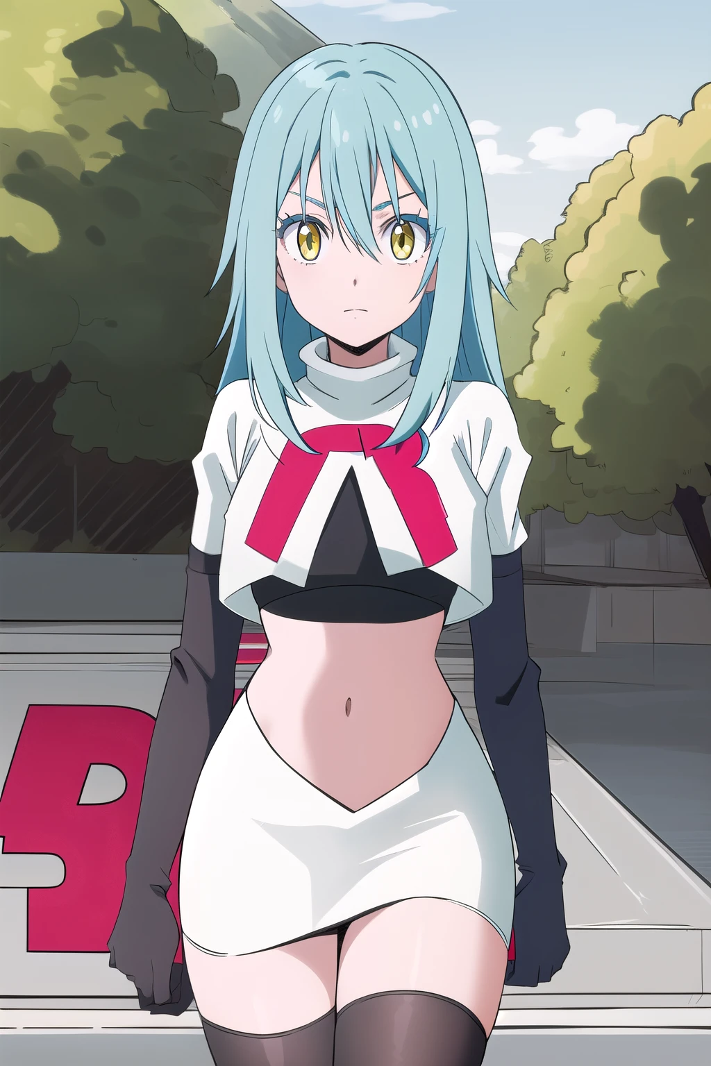 tensura, yellow eyes, blue hair, long hair, 1other, hair between eyes, looking at viewer, bangs, solo, androgynous, outdoors, colored eyelashes, shiny hair, ((masterpiece)) , team rocket,team rocket uniform,white skirt,red letter R,crop top,black thigh-highs,black elbow gloves