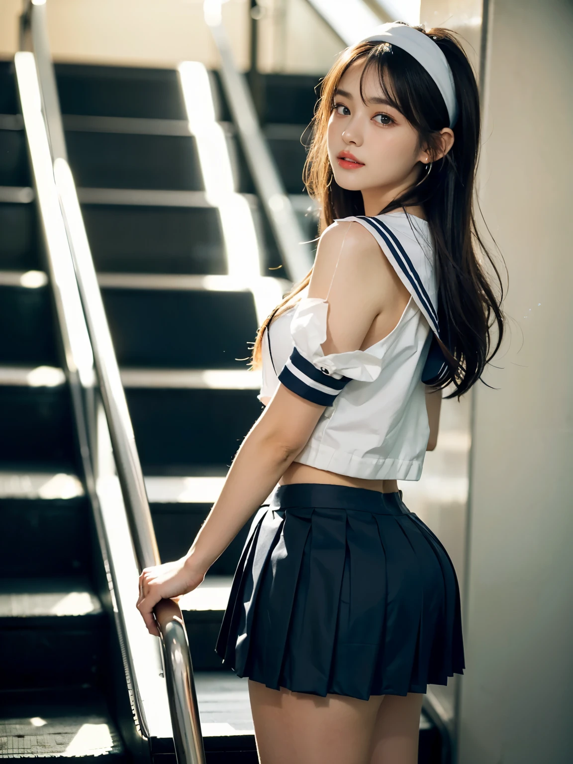 ((((highest quality))))、(((Ultra-precision CG16K wallpaper)))、(((masterpiece)))、(((Super detailed)))、(((super extreme details)))、1people's women、mature woman、24 year old woman、((Japanese face))、((very beautiful face))、((Mai Shiraishi:1.5))、((straight shoulder length hair))、(shiny brown hair)、bangs up to eyebrows、beautiful brown hair、beautiful delicate eyes、brown eyes、raised eyebrows、high nose、small nostrils、small mouth、seductive lipouth slightly open、beautiful breasts、((C cup size breasts))、cleavage、plump body、(Chubby body type)、perfect proportions、perfect anatomy、perfect composition、beautiful detailed shading、beautiful natural lighting、beautiful detail glow、Depth of the bounds written、(((High chroma)))、(((real:1.9)))、((vivid:1.5))、((edge:1.6))、((beautiful skin))、((skin texture))、((realな皮膚感))、(((cowboy shot、Thigh:1.5)))、((Low angle view from behind:1.5))、((Surprised face with open mouth:1.4))、(Eyes looking at me:1.5)、Bright daylight、(((go up the escalator:1.3)))、(standing pose:1.5)、(((high school girl uniform、Sailor suit wearing:1.6)))、(((pleated miniskirt clothing:1.6)))、((headband、earrings、wearing necklace:1.2))、(((Upskirt voyeur:1.3)))、