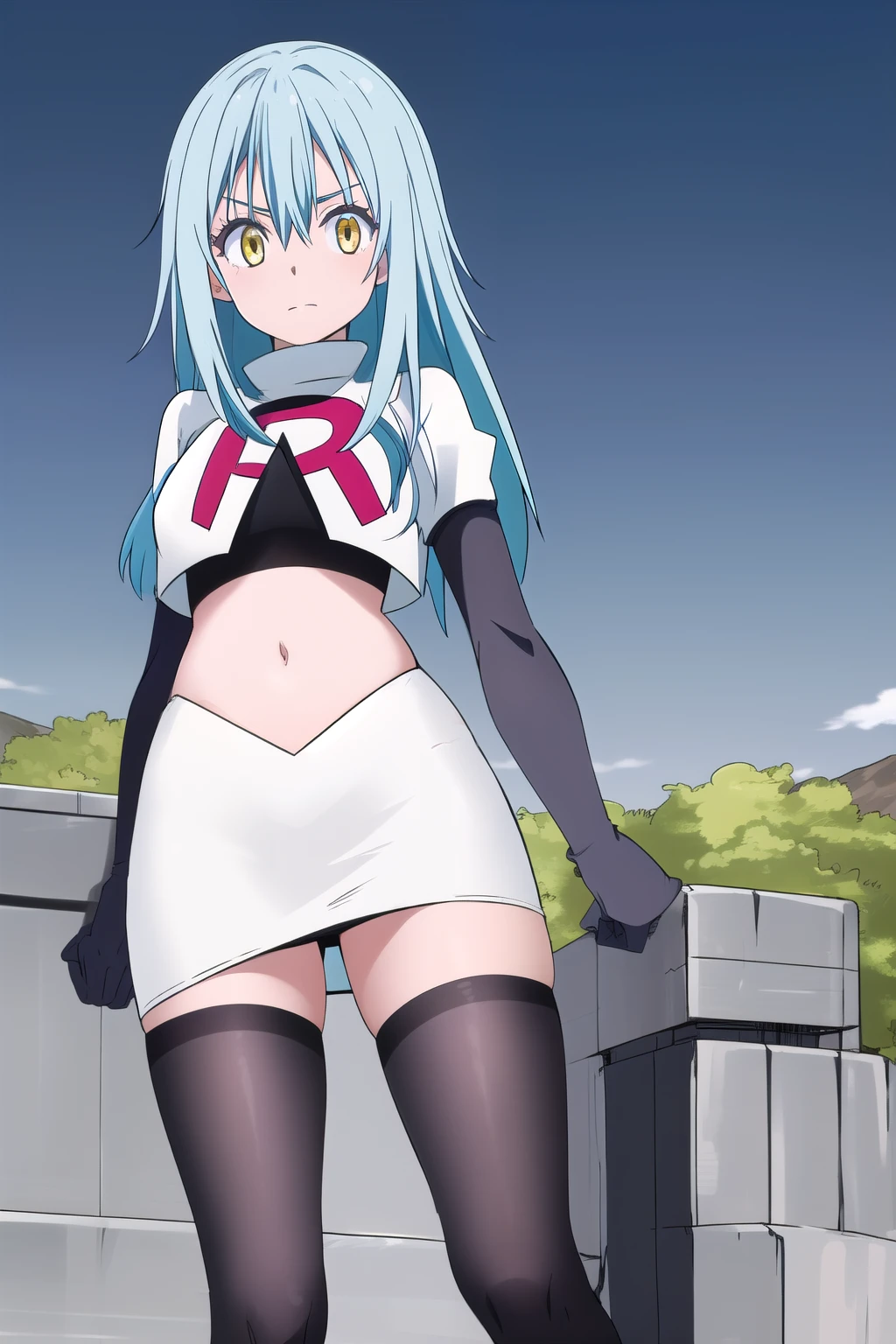 tensura, yellow eyes, blue hair, long hair, 1other, hair between eyes, looking at viewer, bangs, solo, androgynous, outdoors, colored eyelashes, shiny hair, ((masterpiece)) , team rocket,team rocket uniform,white skirt,red letter R,crop top,black thigh-highs,black elbow gloves