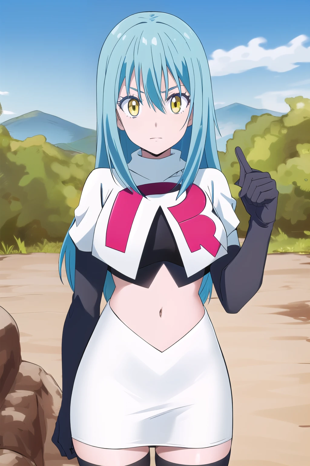 tensura, yellow eyes, blue hair, long hair, 1other, hair between eyes, looking at viewer, bangs, solo, androgynous, outdoors, colored eyelashes, shiny hair, ((masterpiece)) , team rocket,team rocket uniform,white skirt,red letter R,crop top,black thigh-highs,black elbow gloves