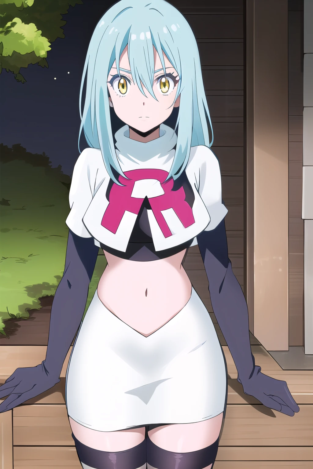 tensura, yellow eyes, blue hair, long hair, 1other, hair between eyes, looking at viewer, bangs, solo, androgynous, outdoors, colored eyelashes, shiny hair, ((masterpiece)) , team rocket,team rocket uniform,white skirt,red letter R,crop top,black thigh-highs,black elbow gloves