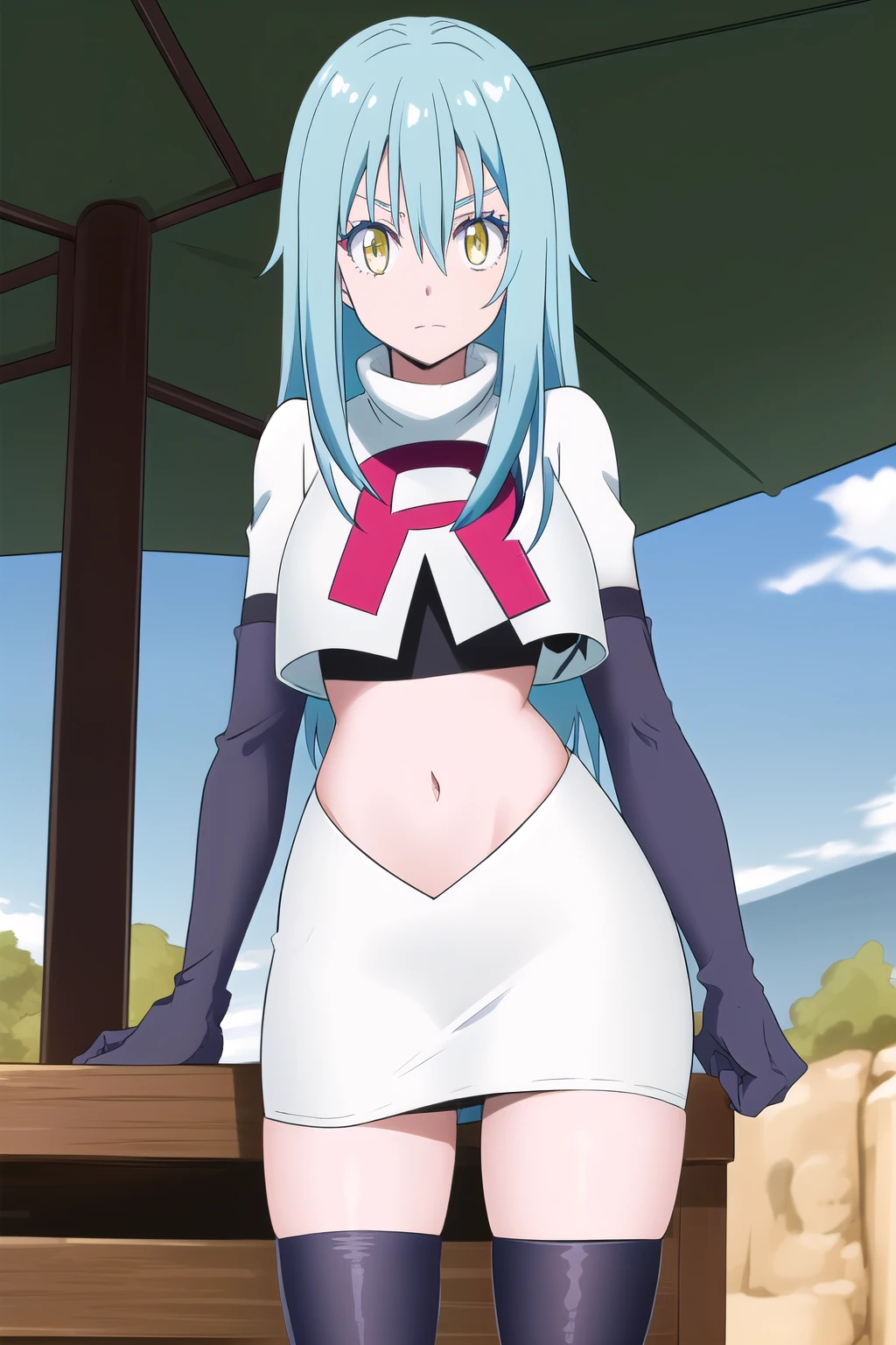 tensura, yellow eyes, blue hair, long hair, 1other, hair between eyes, looking at viewer, bangs, solo, androgynous, outdoors, colored eyelashes, shiny hair, ((masterpiece)) , team rocket,team rocket uniform,white skirt,red letter R,crop top,black thigh-highs,black elbow gloves