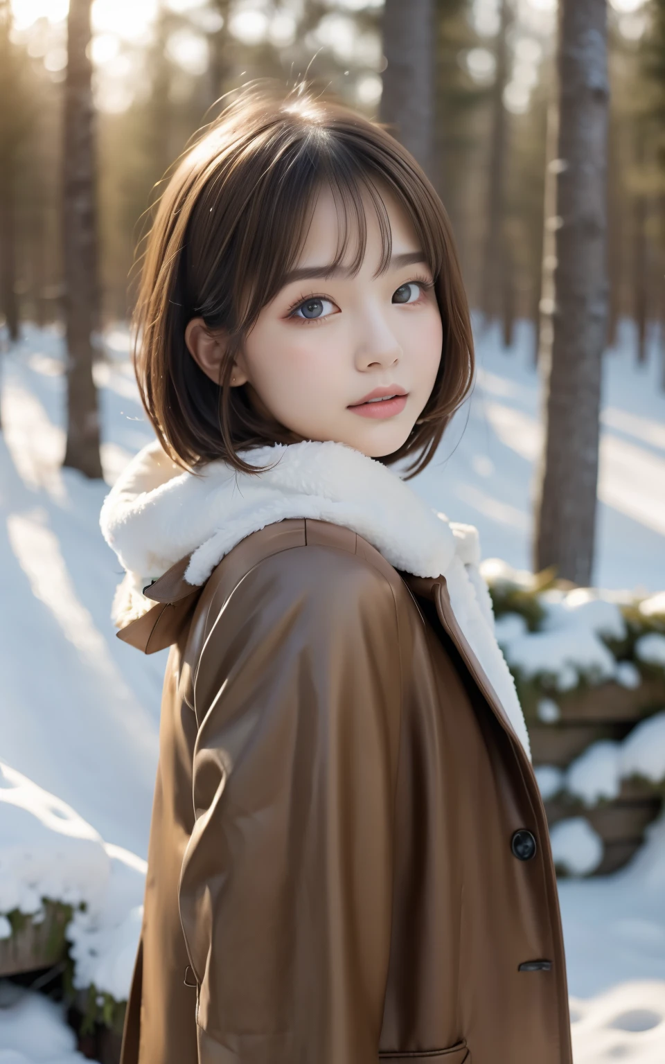 masterpiece, highest quality, 8k, 1 girl, 20th generation, Medium chest, cute, alone, sad, snow scene, snow covered forest, cute, Girly, delicate girl, pure beauty, RAW photo, professional photography, portrait, soft light, professional lighting, Backlight, Upper body, look forward to your eyes, Sophisticated, film grain, (Eye and face details:1.0), short length floating hair, beautiful flowing brown hair, warm winter jacket