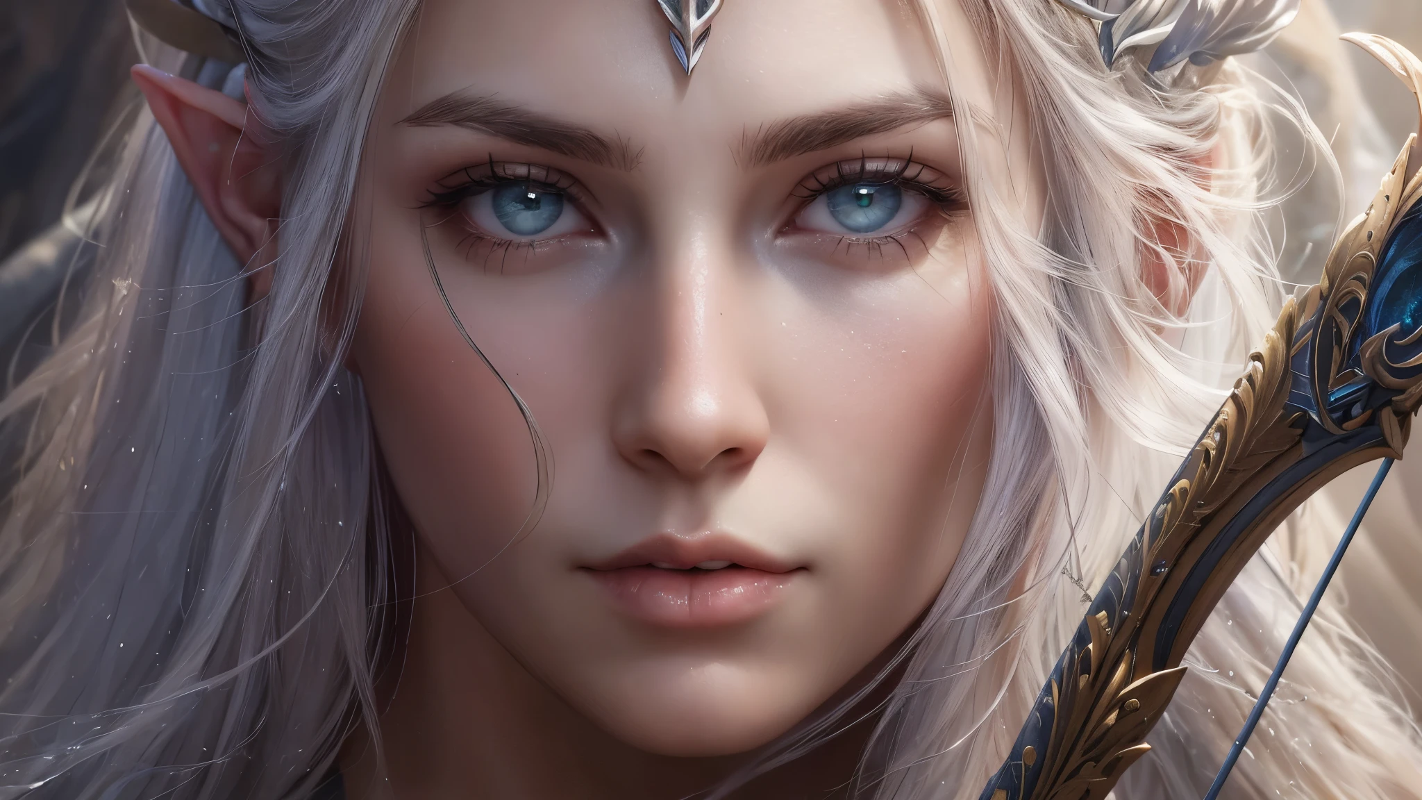 (master piece), 8k, best quality, panoramic view, With slightly flushed white skin, subtly contrasting with her long, silvery hair that cascaded over her shoulders that seemed to shine in the sunlight. Her body was slender and athletic, with a height of 168cm that gave her a natural elegance. Her green eyes added a captivating touch to her face and shone with an intensity, reflecting the depth of her soul. Her pointed ears, a striking feature of her elven lineage, added a touch of magic and mystery to her singular beauty, detailed warrior clothing, war bow with rune writing, magical, shoots arrow made of pure light,