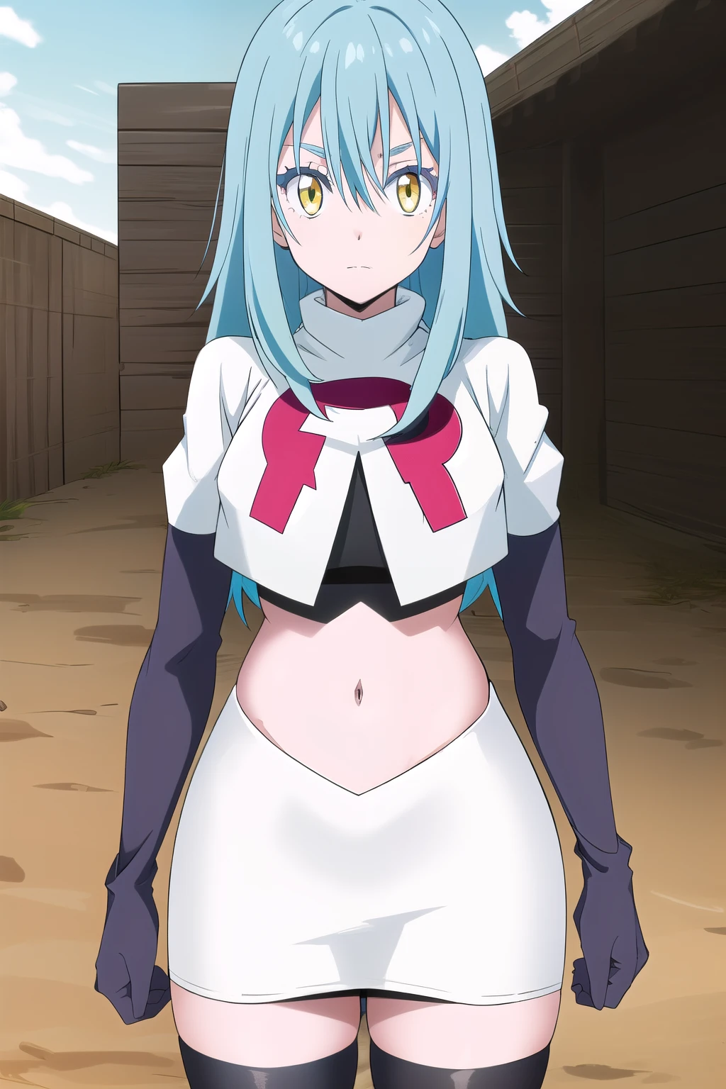 tensura, yellow eyes, blue hair, long hair, 1other, hair between eyes, looking at viewer, bangs, solo, androgynous, outdoors, colored eyelashes, shiny hair, ((masterpiece)) , team rocket,team rocket uniform,white skirt,red letter R,crop top,black thigh-highs,black elbow gloves