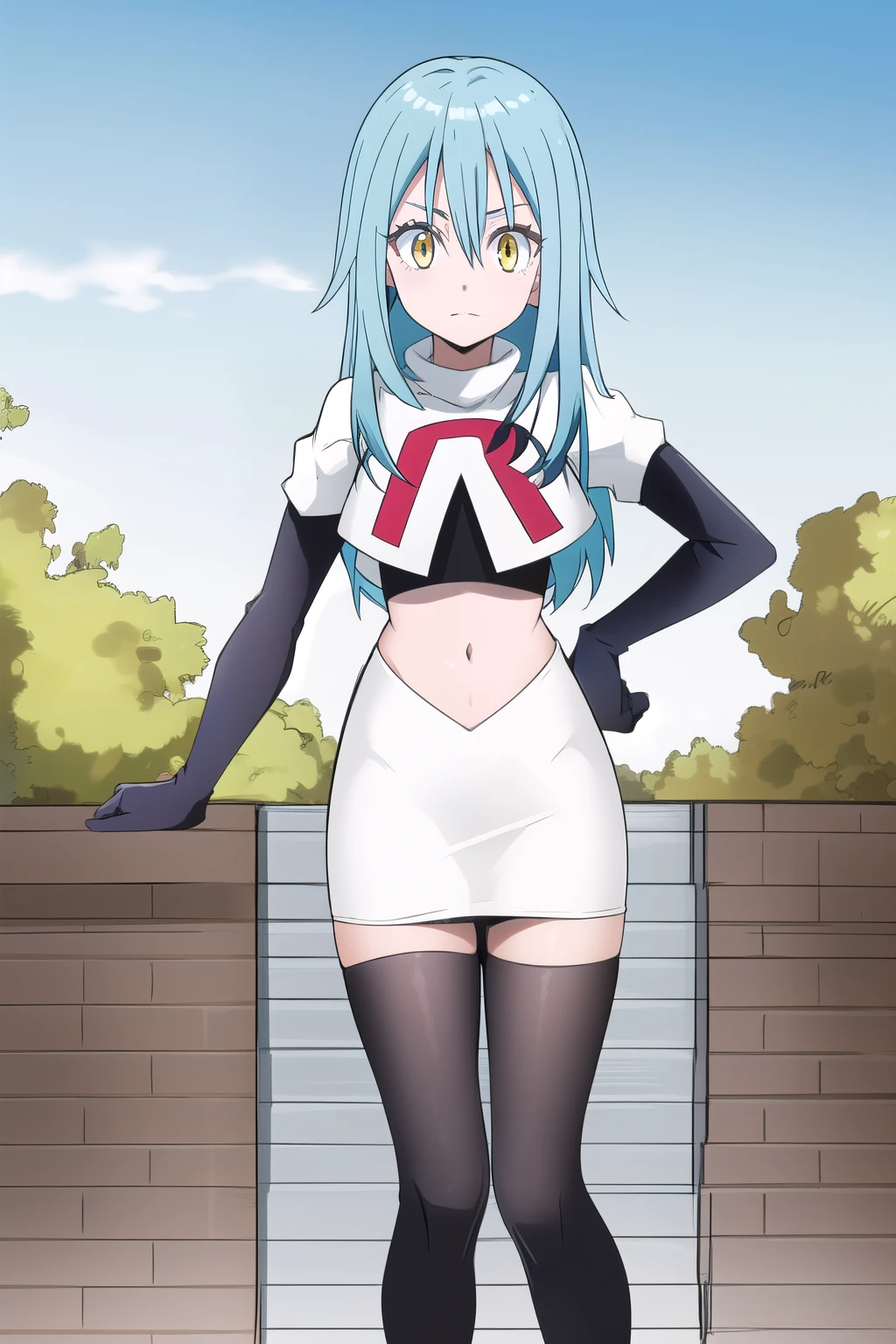 tensura, yellow eyes, blue hair, long hair, 1other, hair between eyes, looking at viewer, bangs, solo, androgynous, outdoors, colored eyelashes, shiny hair, ((masterpiece)) , team rocket,team rocket uniform,white skirt,red letter R,crop top,black thigh-highs,black elbow gloves