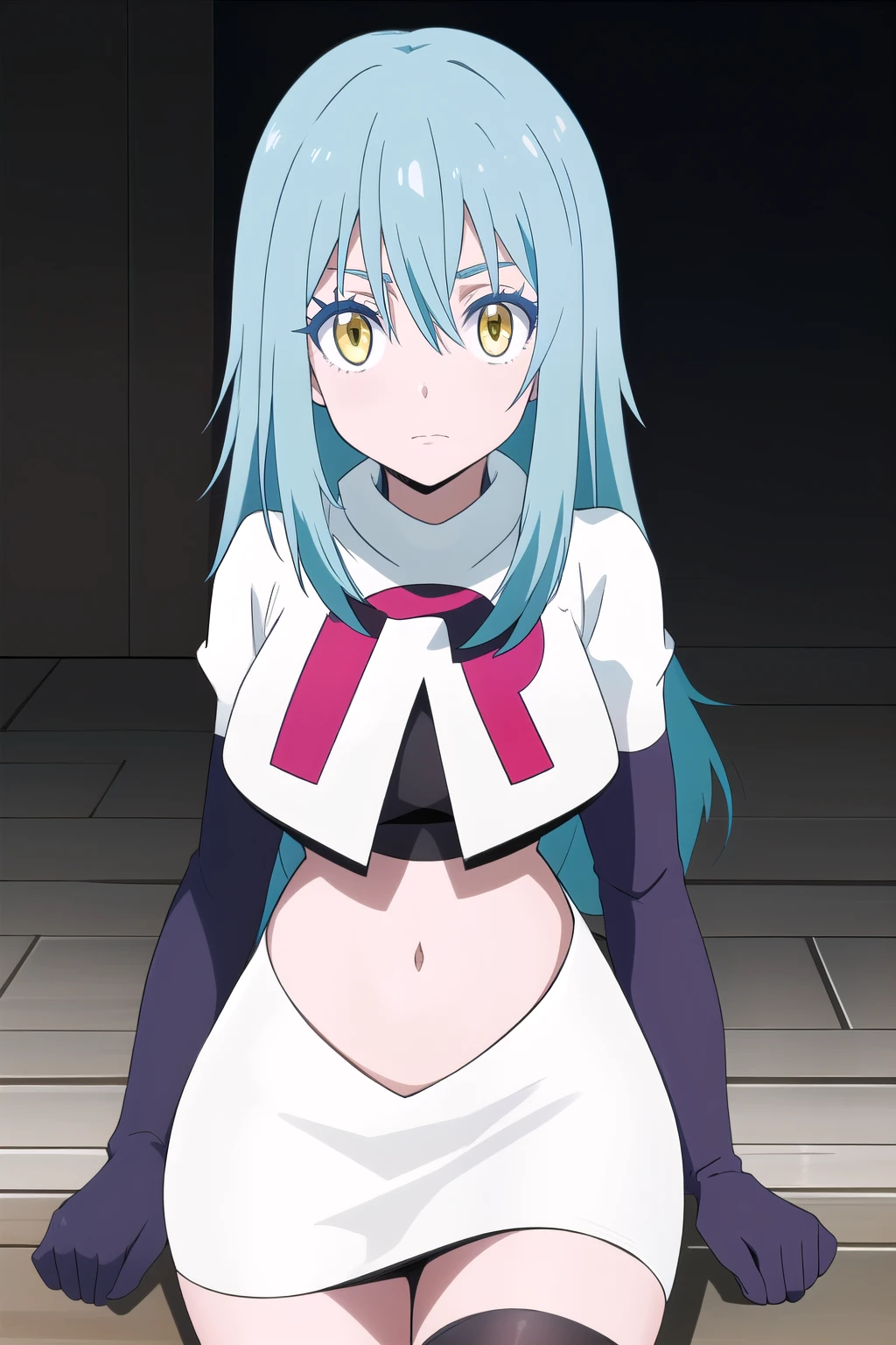 tensura, yellow eyes, blue hair, long hair, 1other, hair between eyes, looking at viewer, bangs, solo, androgynous, outdoors, colored eyelashes, shiny hair, ((masterpiece)) , team rocket,team rocket uniform,white skirt,red letter R,crop top,black thigh-highs,black elbow gloves