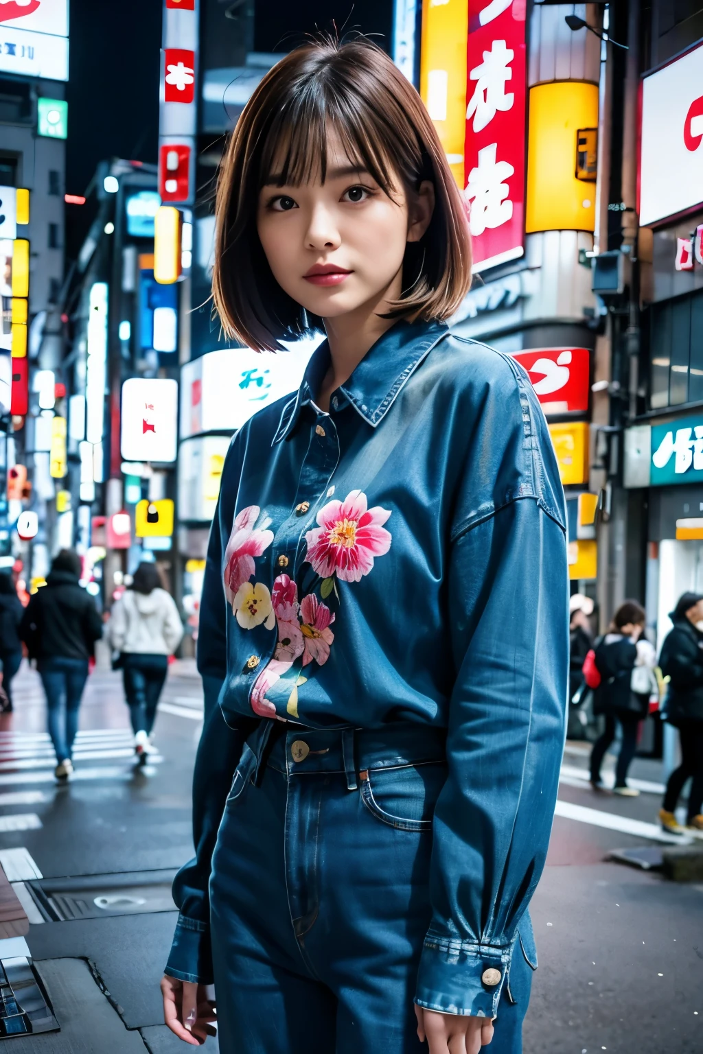 (((night:1.3, Tokyo, Photographed from the front))), ((medium bob:1.3, denim pants:1.2, floral shirt, japanese woman, cute)), (clean, natural makeup), (highest quality, masterpiece:1.3, 超High resolution), (Super detailed, caustics), (realistic:1.4, RAW shooting), very detailed, High resolution, 16K resolution