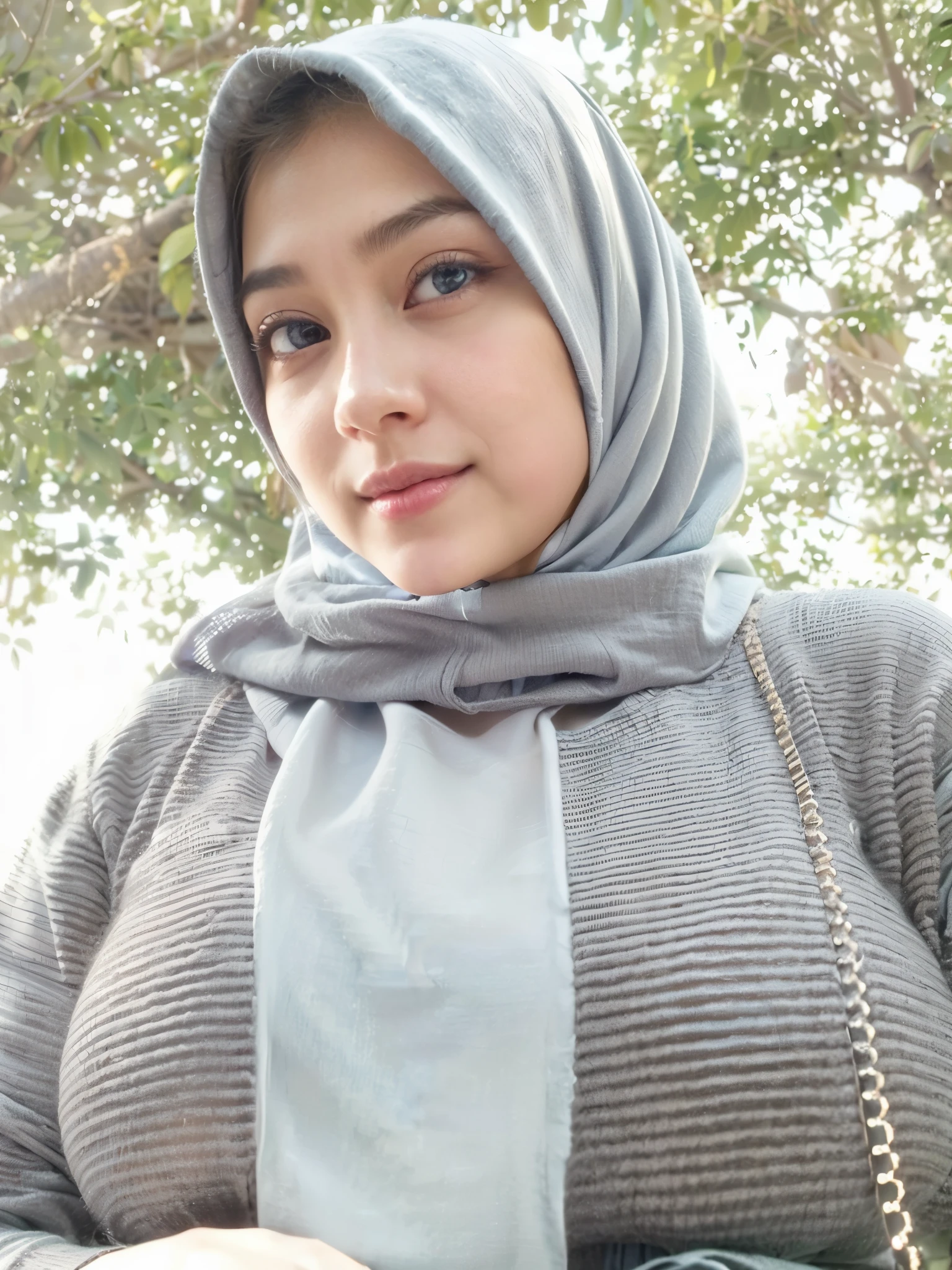 masterpiece, (ultra-high-definition portrait:1.4), Realistic, extremely detailed, CG unified, 8k, Clean lines, highly detailed, High-definition, raw color photos, she is smiling, Realistic portrait, Cinematic Light, Beautiful detailed, 1hijabgirl indonesian, (165cm tall, big breasts with very very tight clothes:1.5), Beautiful big breasts, breasts details, very tight, (Biggorgeous eyes, Soft smile with lovely look:1.5), (Fine face:1.4), Close up of a girl in Beautiful clothes with errcted ??????, biggorgeous eyes, Soft smile, scarf, (Beautiful Tight Clothing with curvaceous body:2), pose 4 of 1 6, Undress, No bra, (nipples that are clearly sticking out detail:1.2), Outdoors, high intricate detailed, float, ??? on, Sense of truth, beautiful landscape forest, sexy lighting,