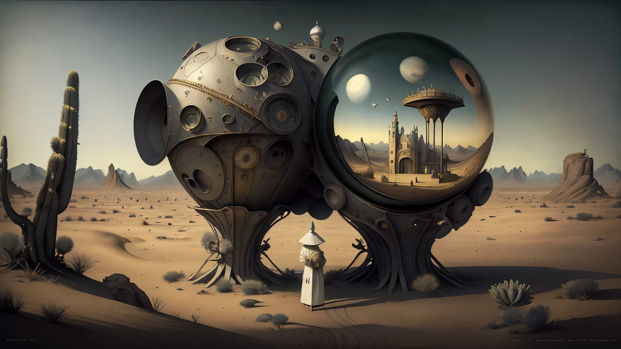 Surrealism, masterpiece, (ultra detailed) Absolutely flat huge space to the horizon. Portrait of Surreal (incredible doctor) in white medical coat and gray pants, grim, has a complex detailed high-tech device (greebles,ight bulbs) glowing. A lot of small details. In the background a huge ball rolled in the desert twisted from (dirty laundry.)..A dim evening diffused light. Impressions of paintings by Pieter Bruegel Salvador Dali. rutkowski